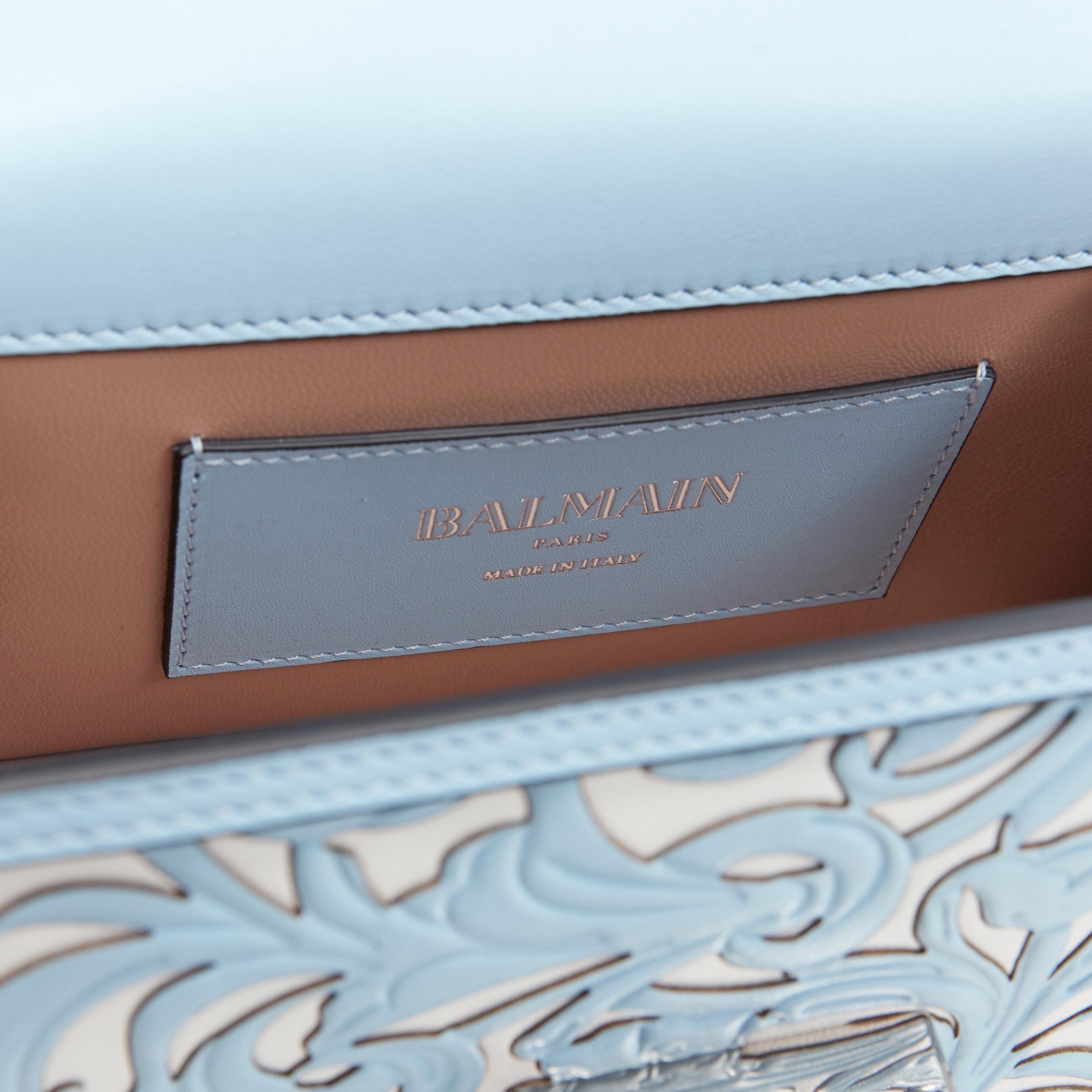 new BALMAIN Bbox 20 blue white baroque laser cut studded flap shoulder chain bag 3