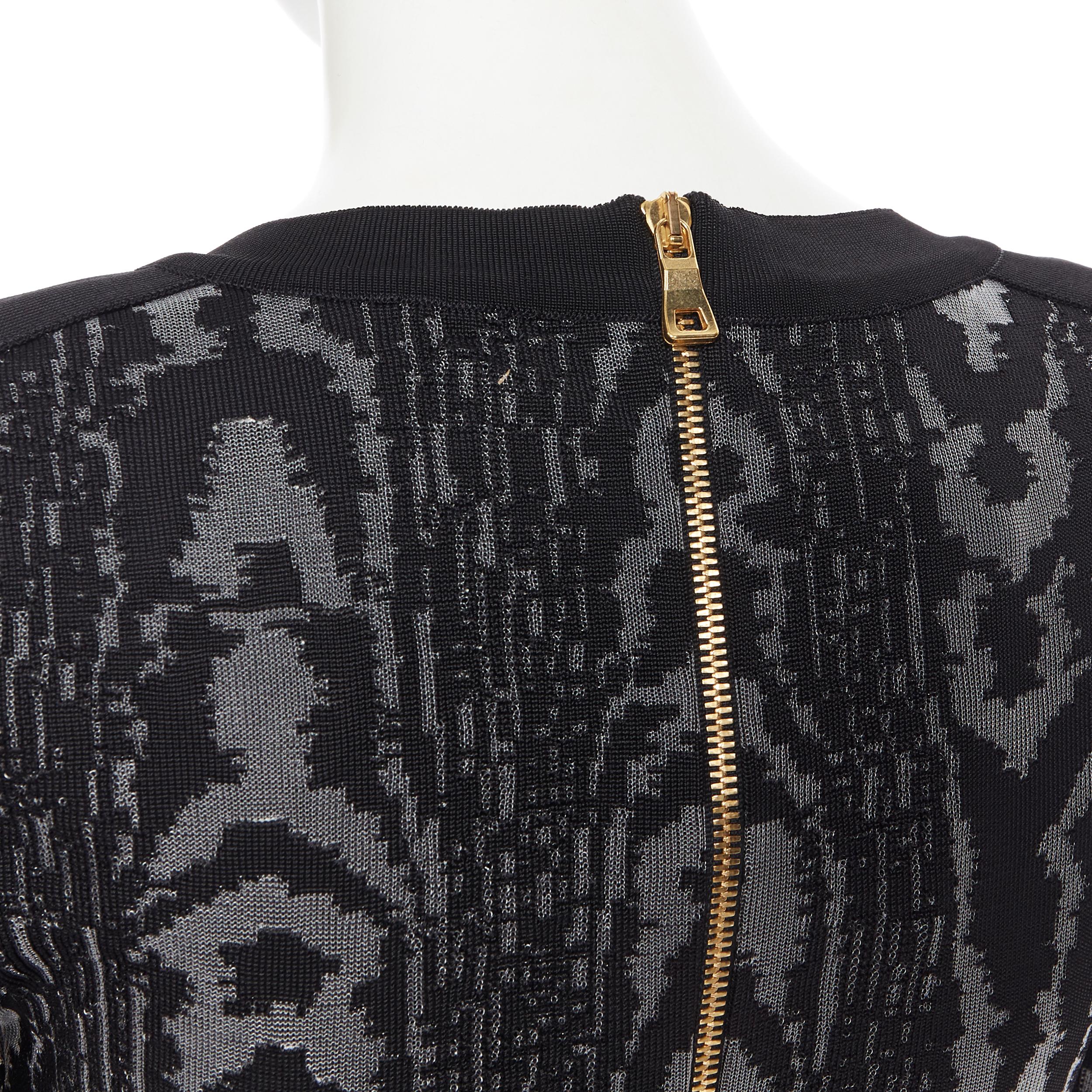 new BALMAIN black abstract jacquard V-neck shoulder padded bodycon dress FR36 XS 5