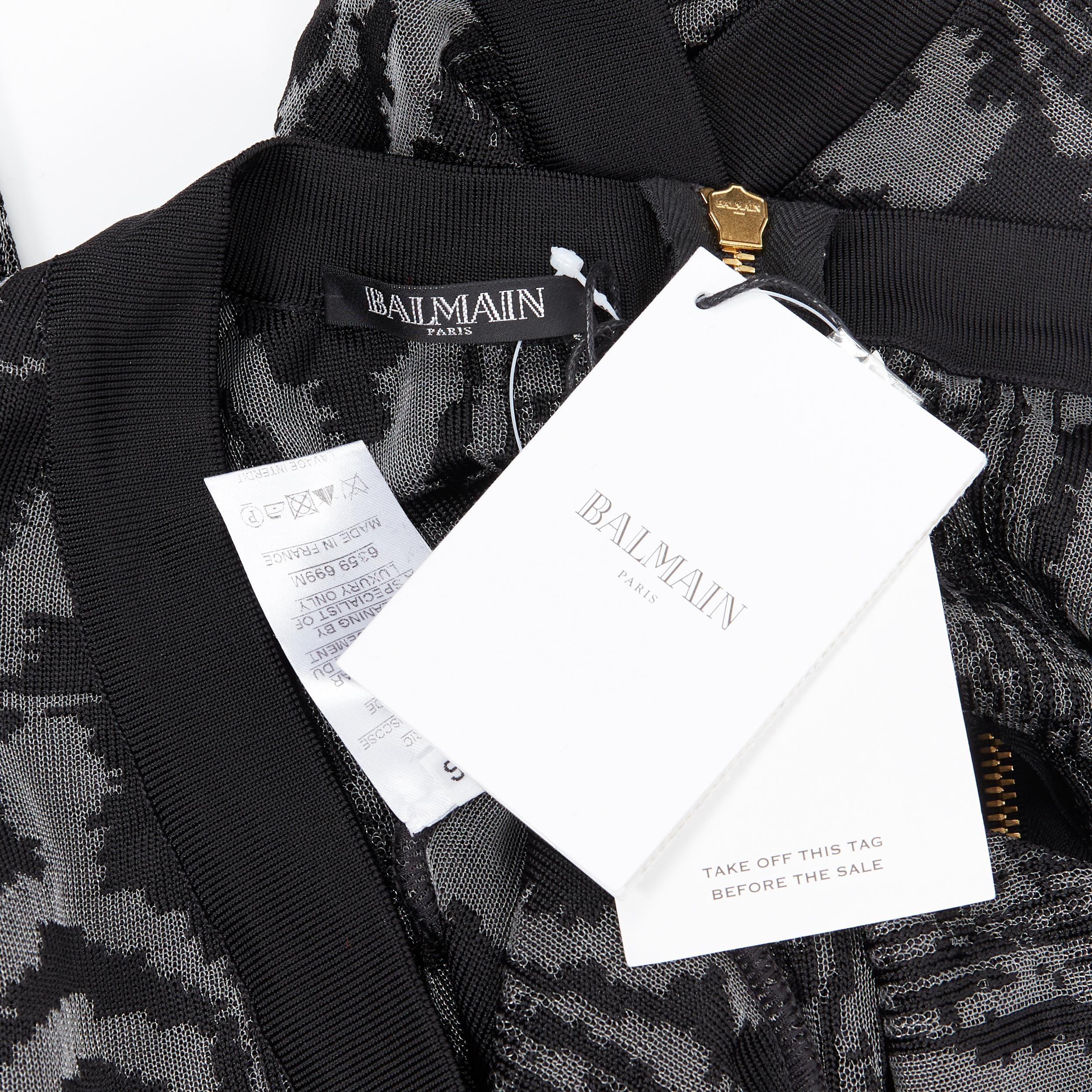 new BALMAIN black abstract jacquard V-neck shoulder padded bodycon dress FR36 XS 6