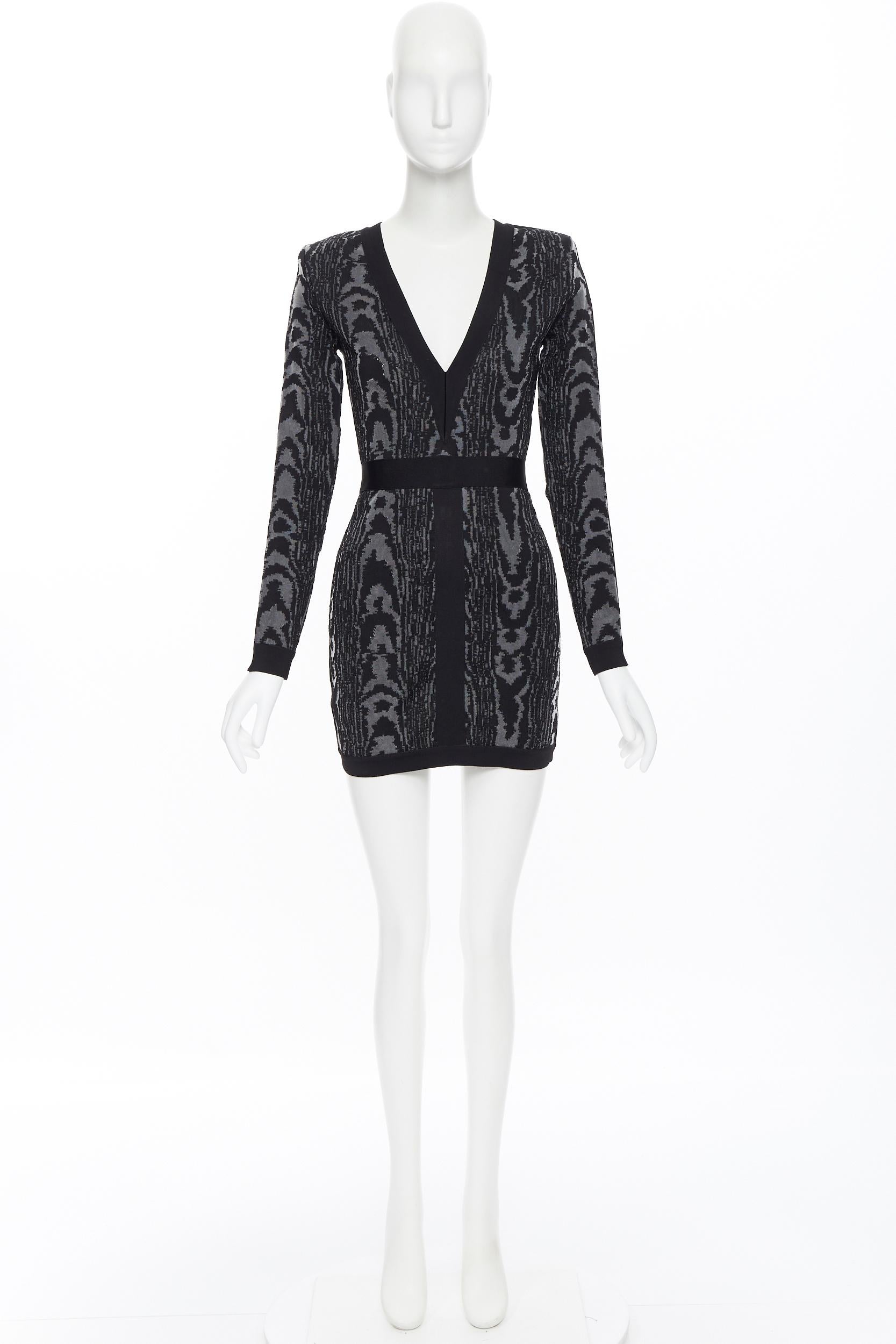 Black new BALMAIN black abstract jacquard V-neck shoulder padded bodycon dress FR36 XS