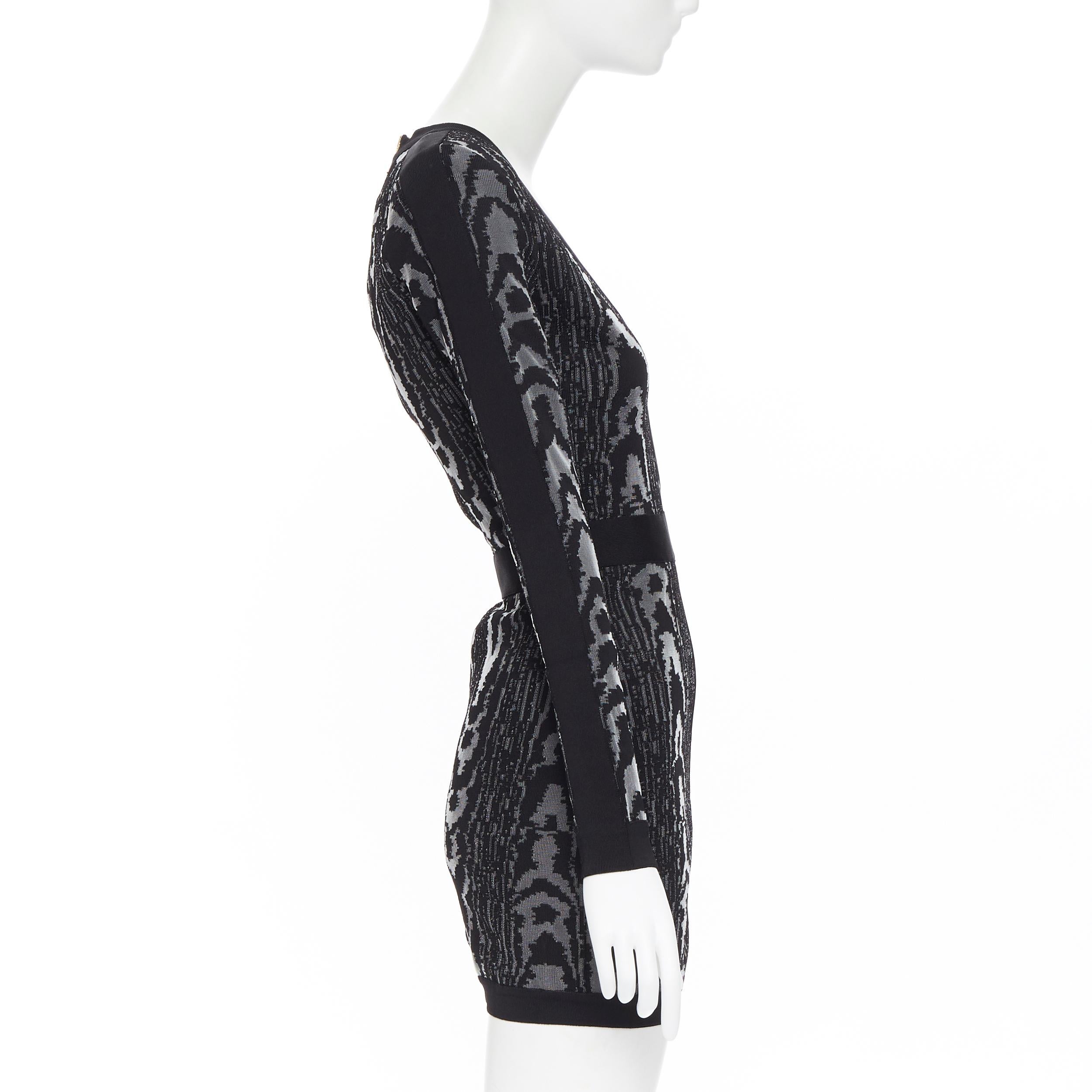 Women's new BALMAIN black abstract jacquard V-neck shoulder padded bodycon dress FR36 XS