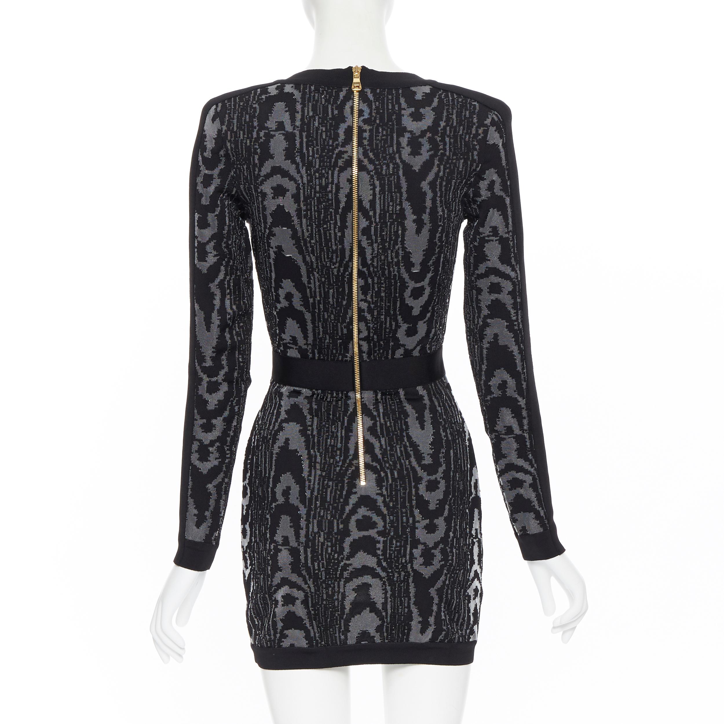 new BALMAIN black abstract jacquard V-neck shoulder padded bodycon dress FR36 XS 1