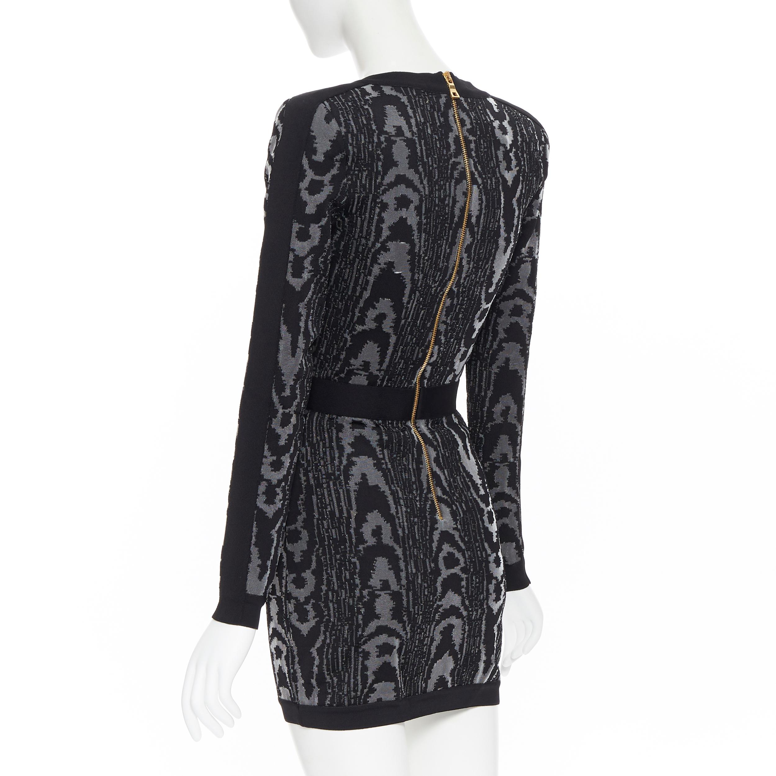 new BALMAIN black abstract jacquard V-neck shoulder padded bodycon dress FR36 XS 2
