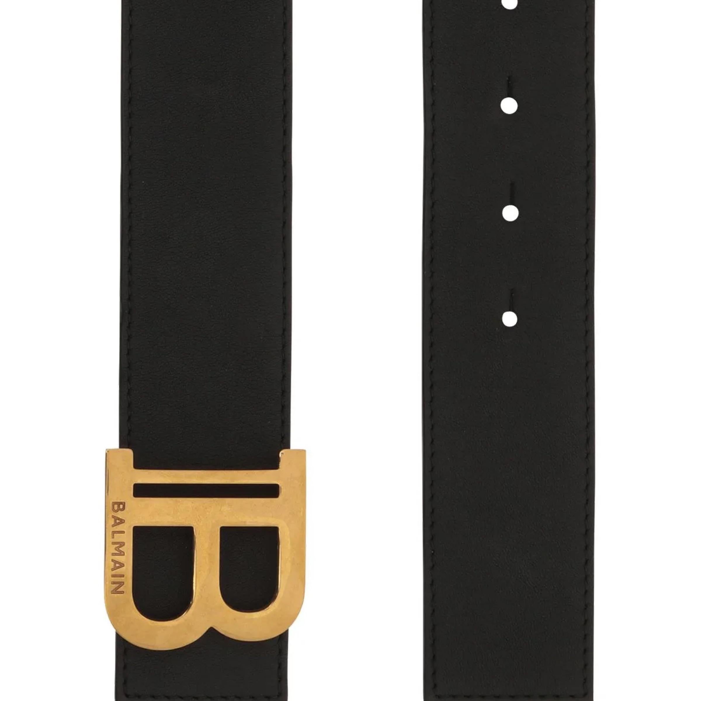 Women's New Balmain Black B Logo Leather Belt Size 85 EU For Sale