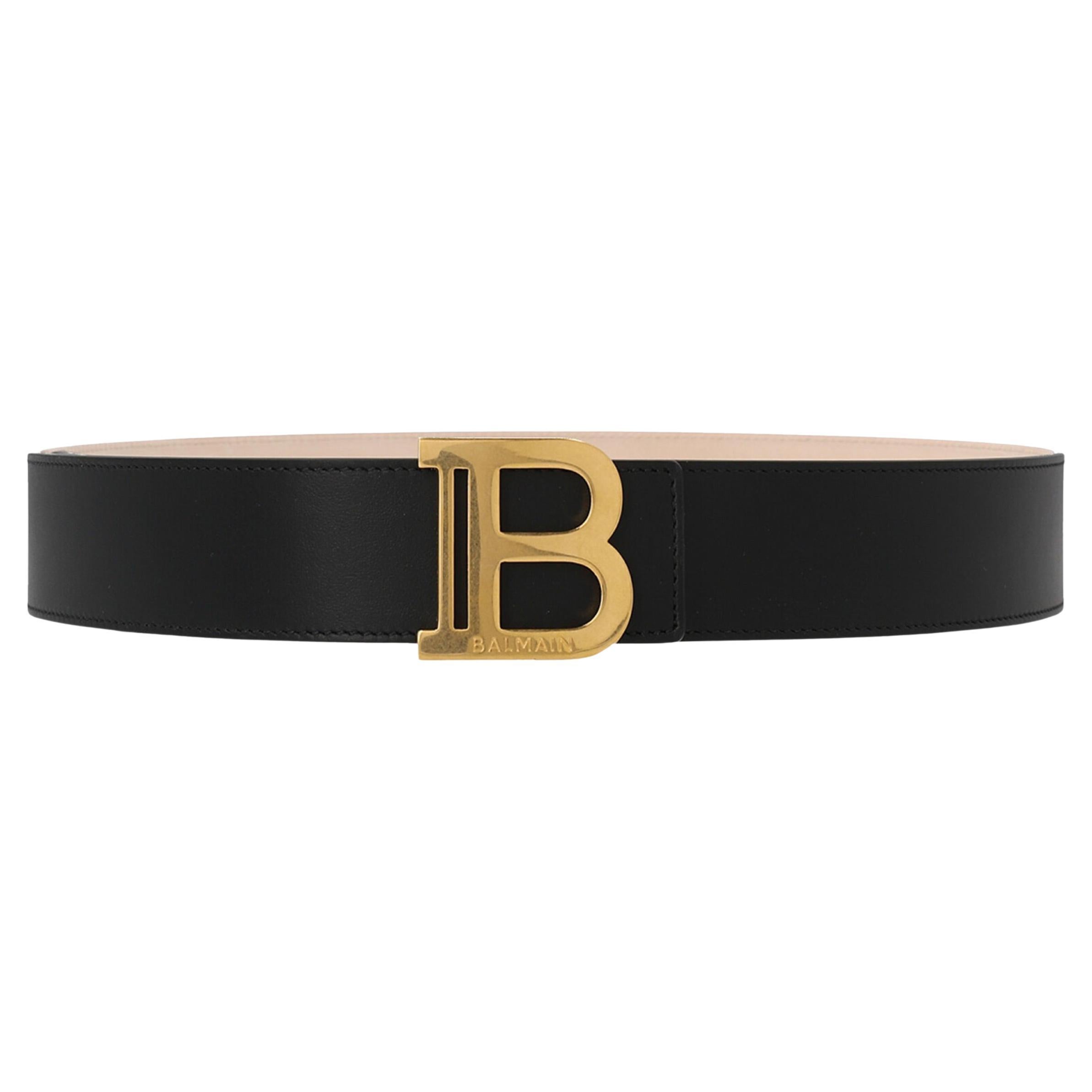 New Balmain Black B Logo Leather Belt Size 85 EU For Sale