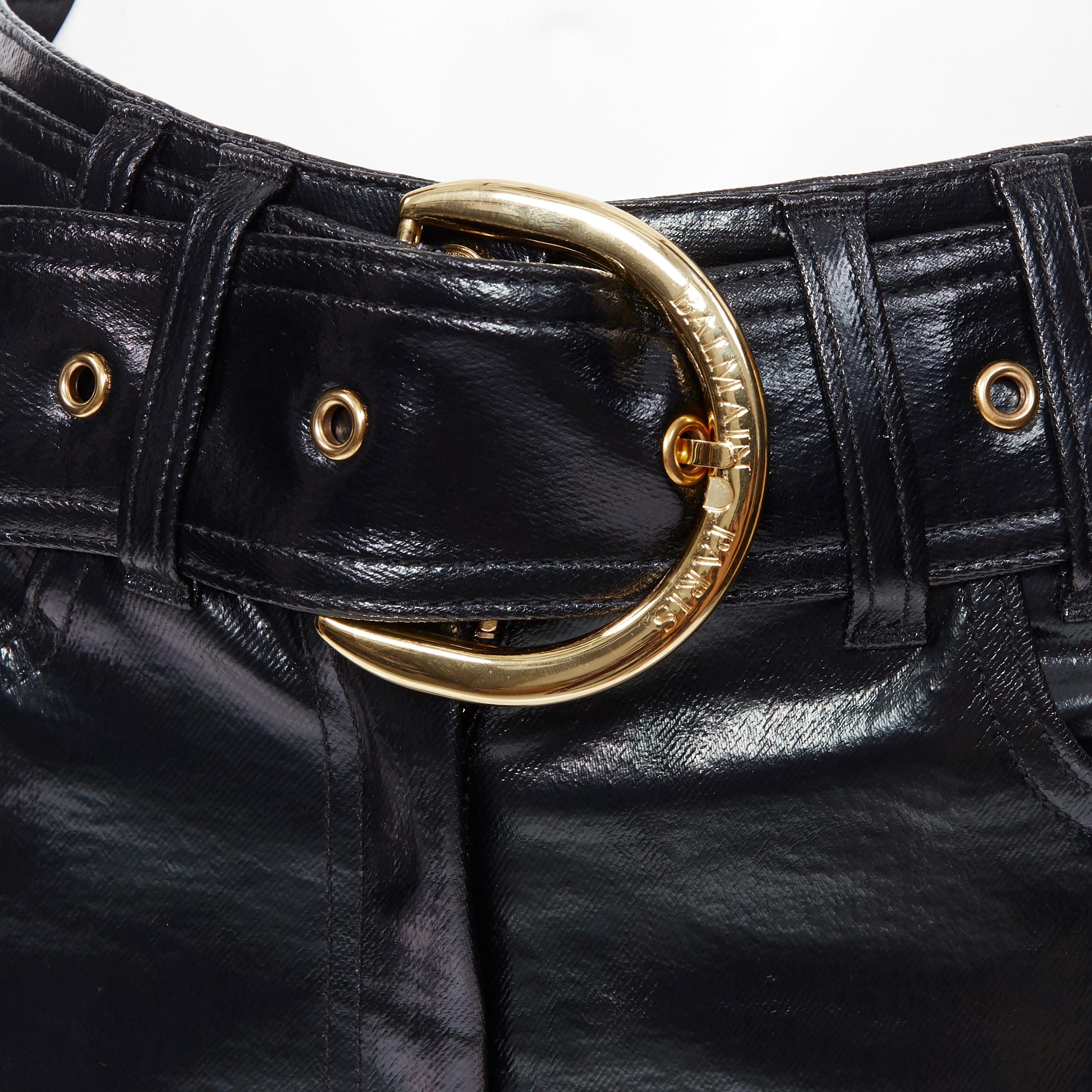 new BALMAIN black coated denim gold buckle belted high waisted shorts FR36 XS Reference: TGAS/A05035 
Brand: Balmain 
Designer: Olivier Rousteing 
Material: Cotton 
Color: Black 
Pattern: Solid 
Closure: Zip 
Extra Detail: Detachable gold-tone