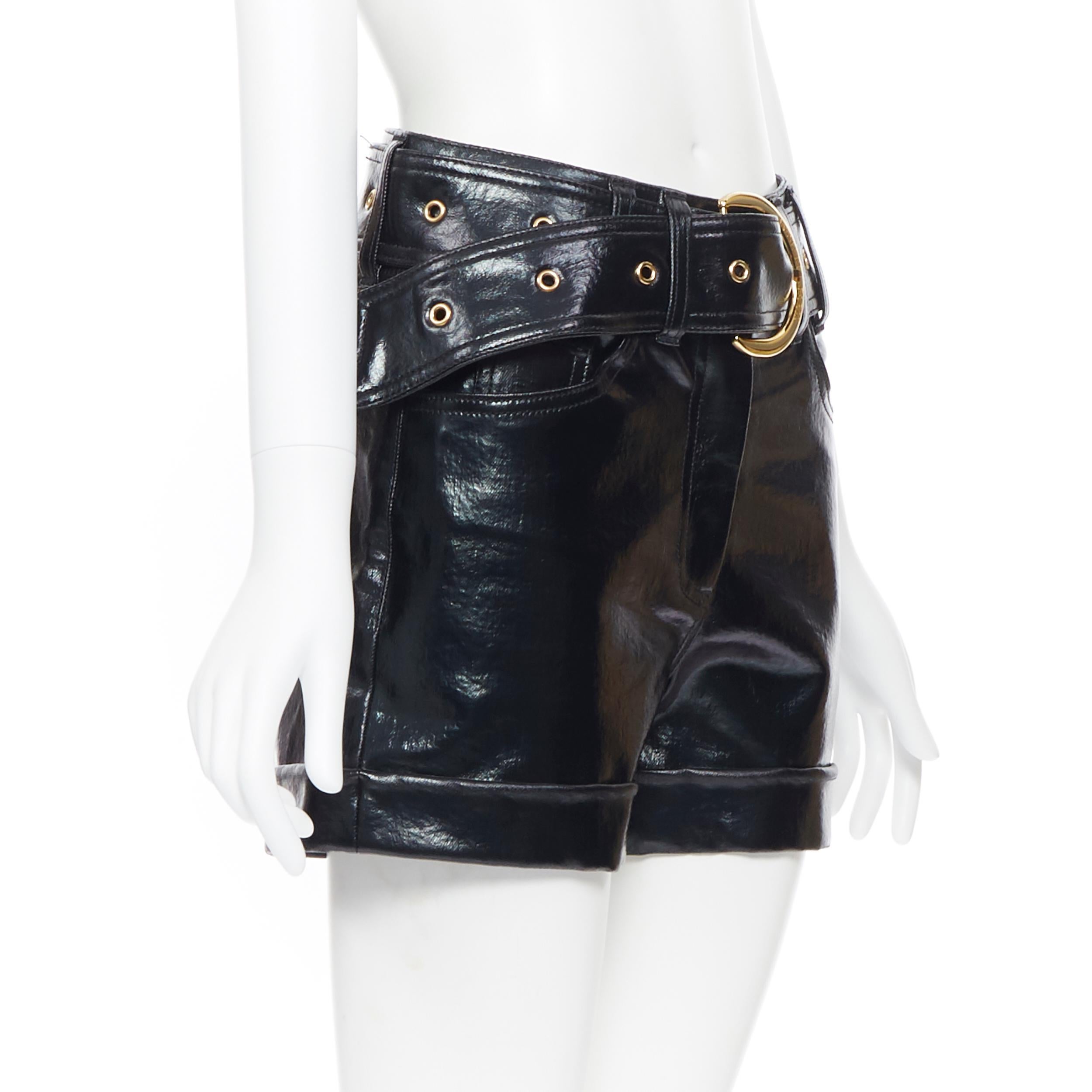 new BALMAIN black coated denim gold buckle belted high waisted shorts FR36 XS In New Condition In Hong Kong, NT