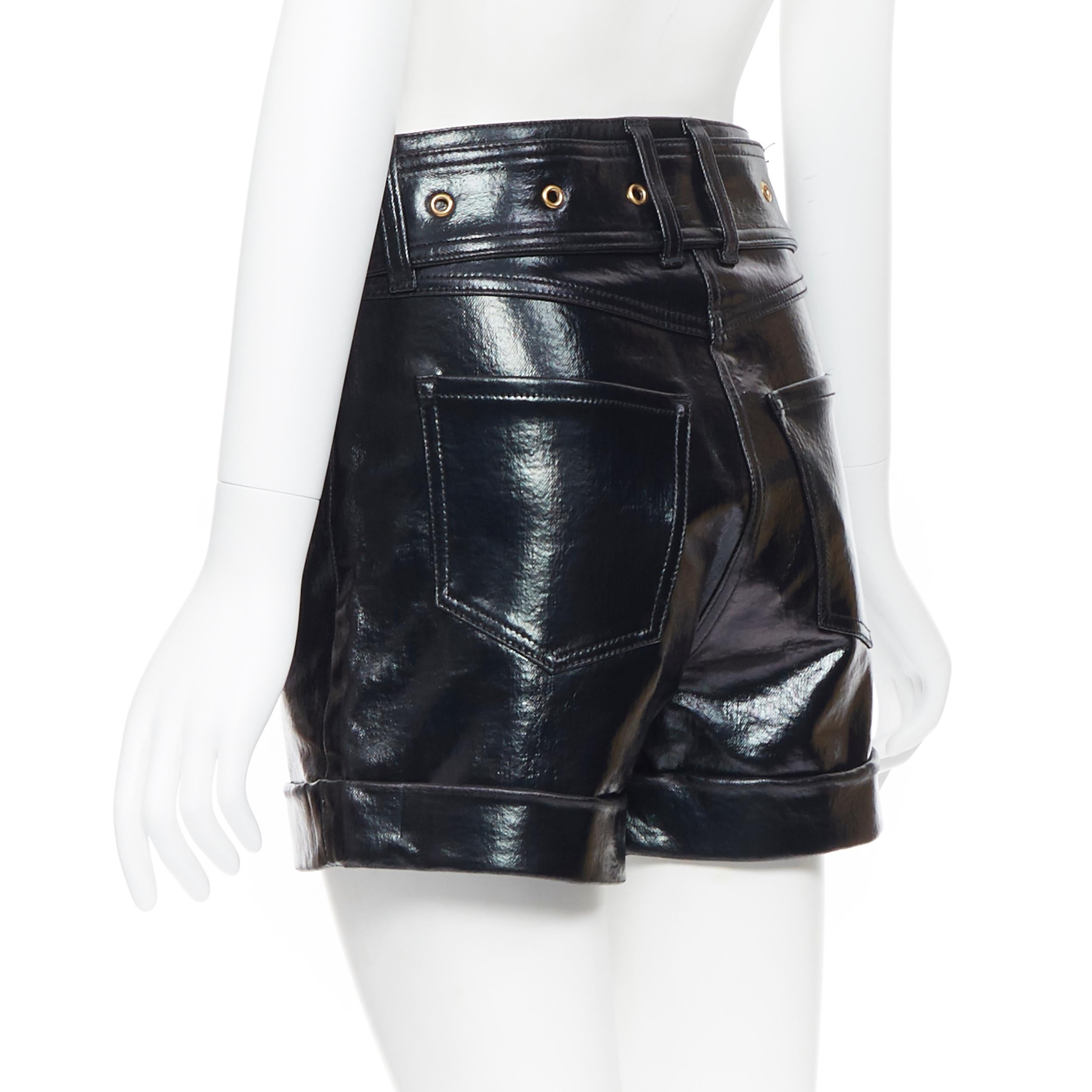 new BALMAIN black coated denim gold buckle belted high waisted shorts FR36 XS 2