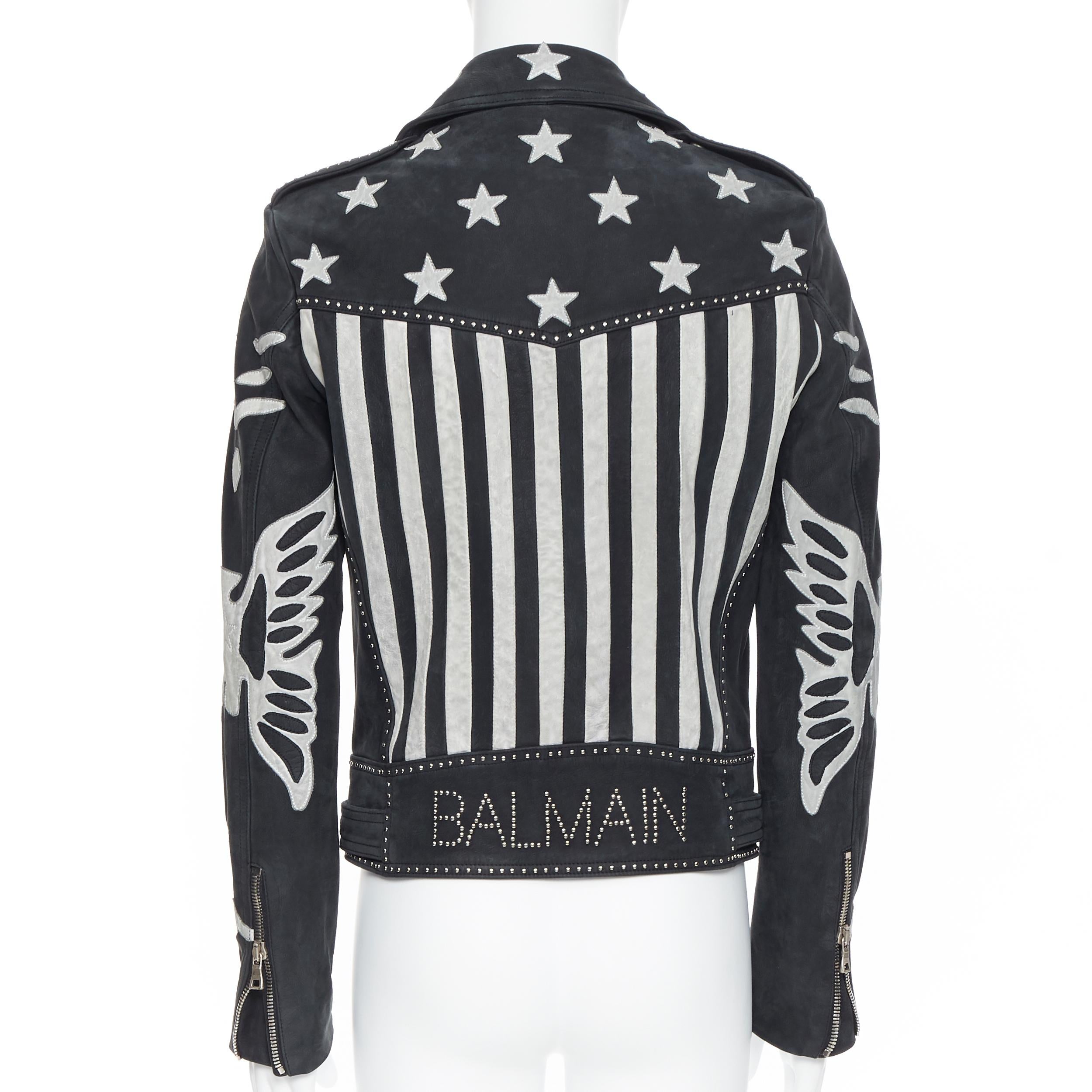 Black new BALMAIN black distressed leather American Flag studded biker jacket EU48 M