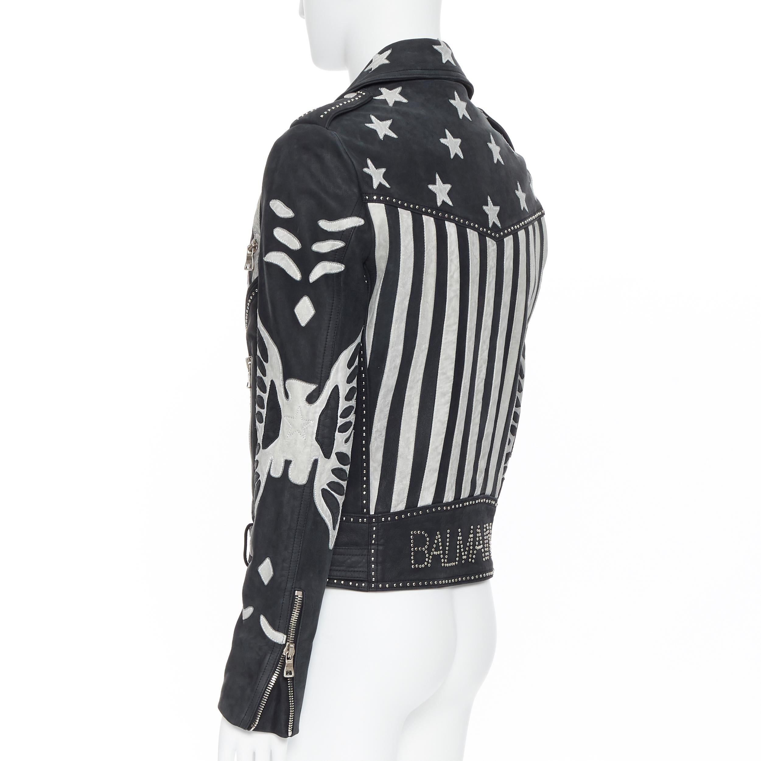 new BALMAIN black distressed leather American Flag studded biker jacket EU48 M In New Condition In Hong Kong, NT