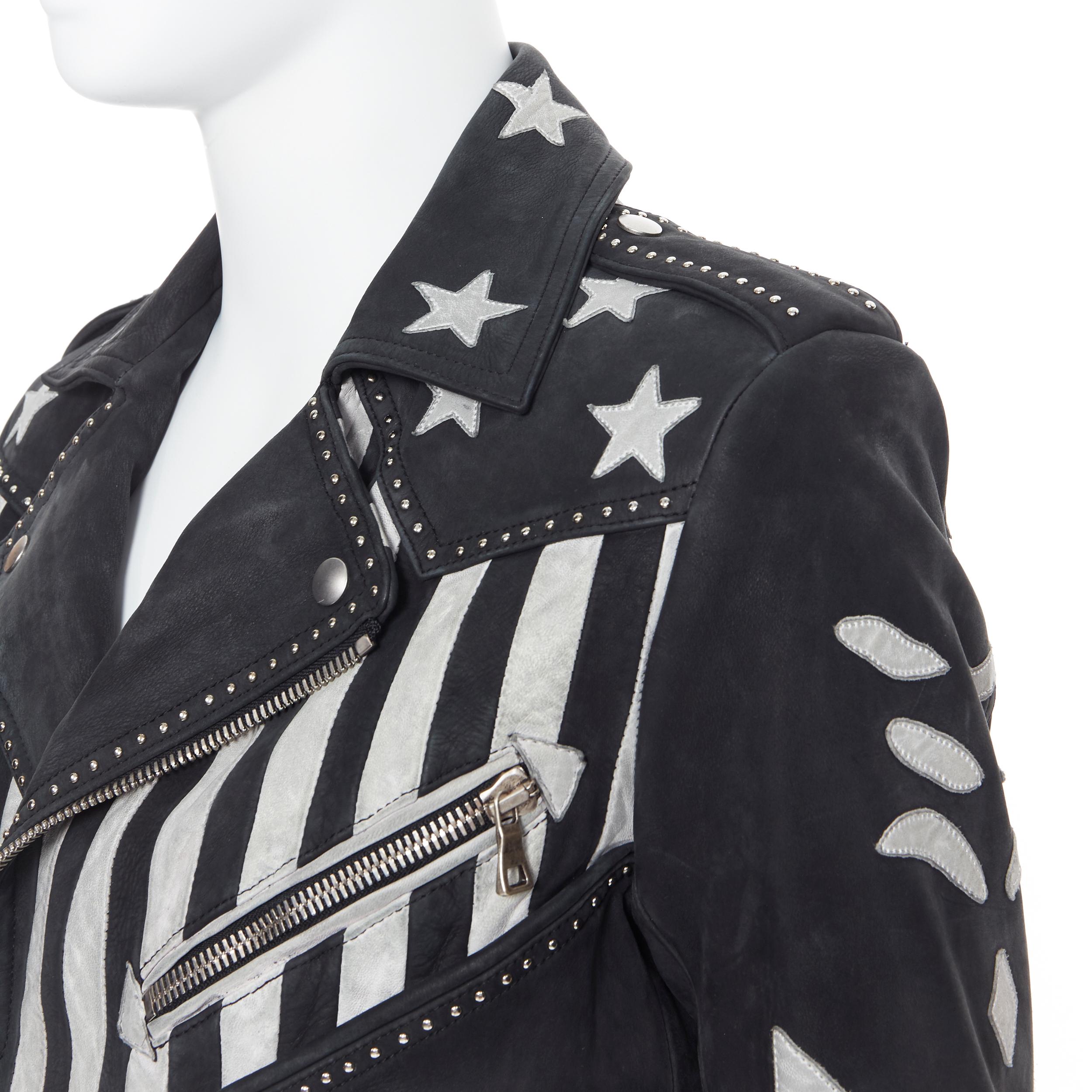 Men's new BALMAIN black distressed leather American Flag studded biker jacket EU48 M