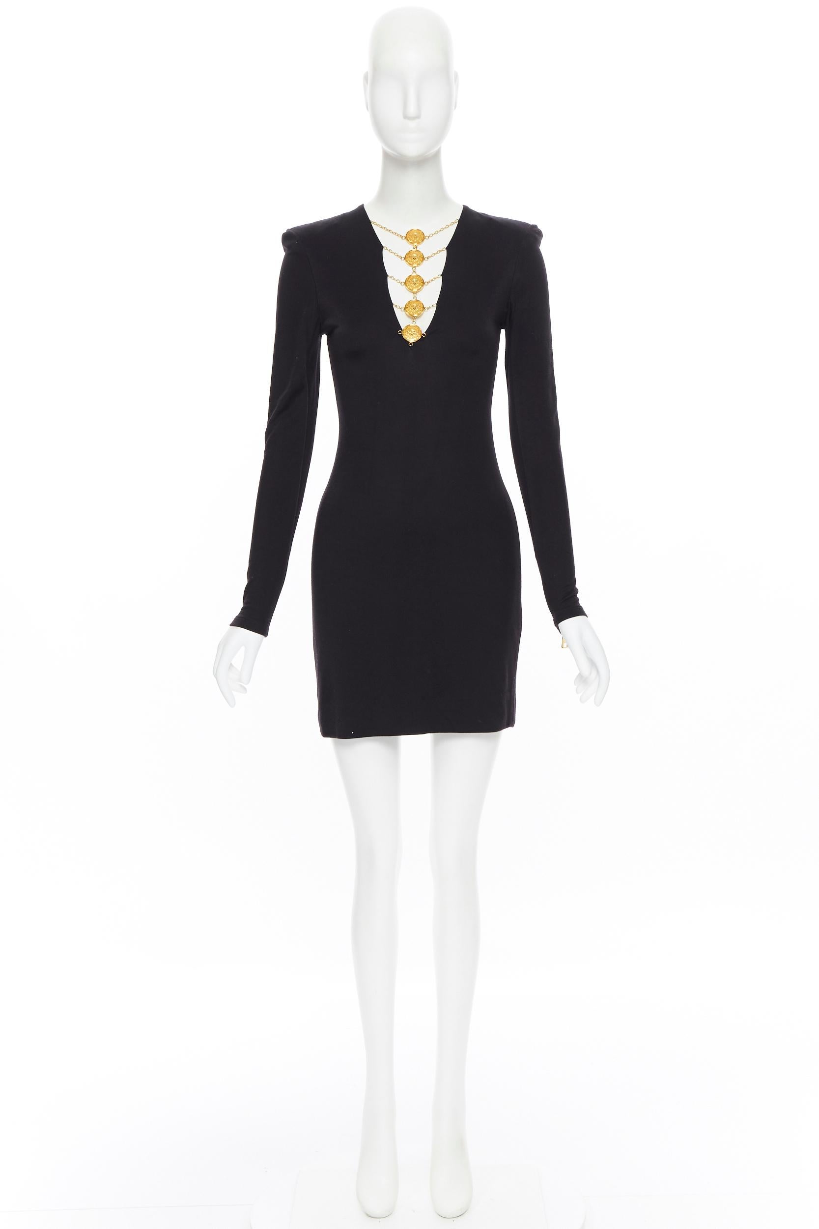 nuevo BALMAIN negro oro militar moneda arnés cadena collar bodycon vestido FR34 Negro