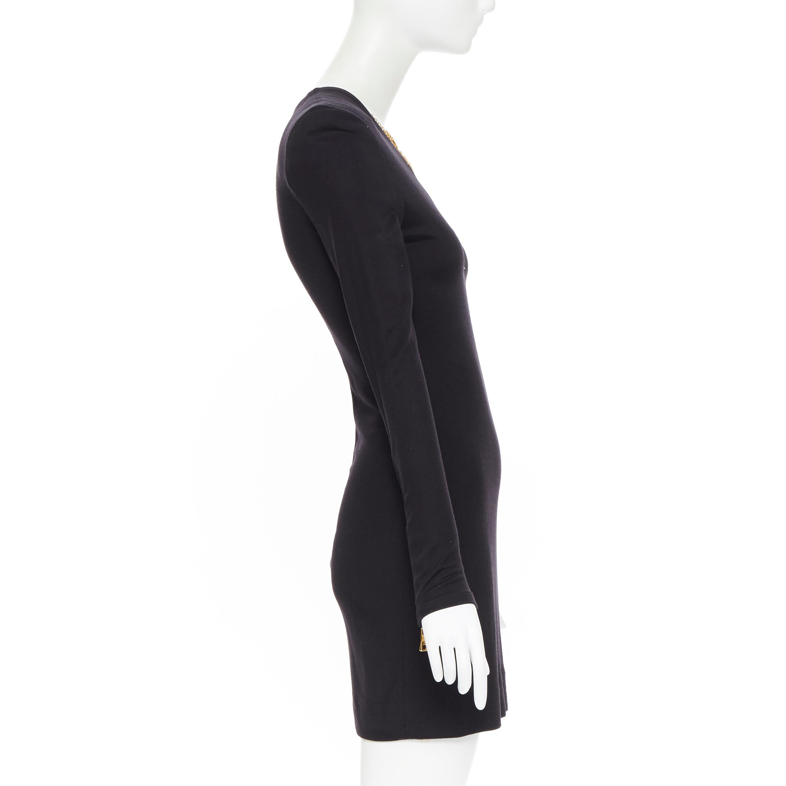 De las mujeres nuevo BALMAIN negro oro militar moneda arnés cadena collar bodycon vestido FR34