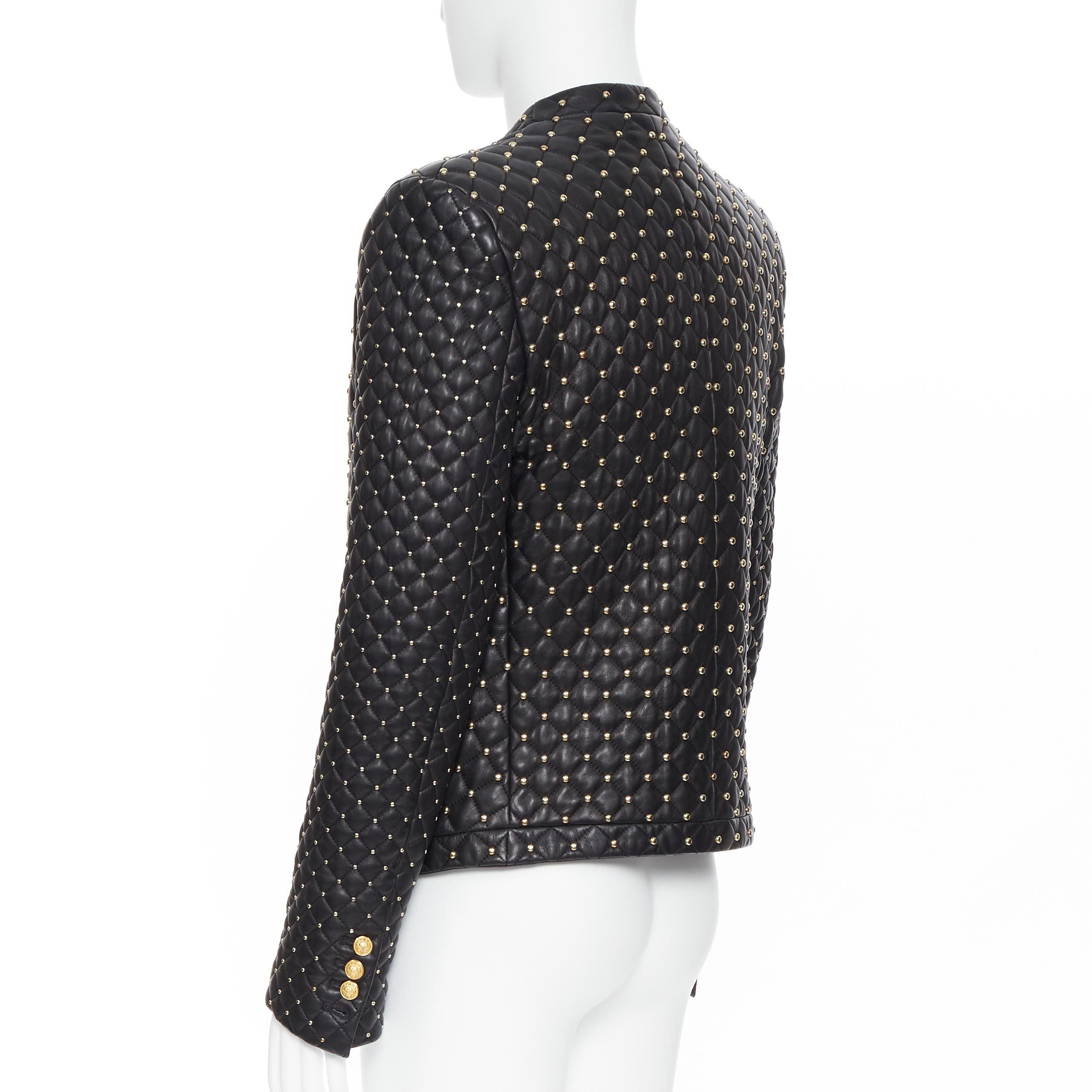 new BALMAIN black lambskin leather gold stud diamond quilted jacket EU48 M In New Condition In Hong Kong, NT