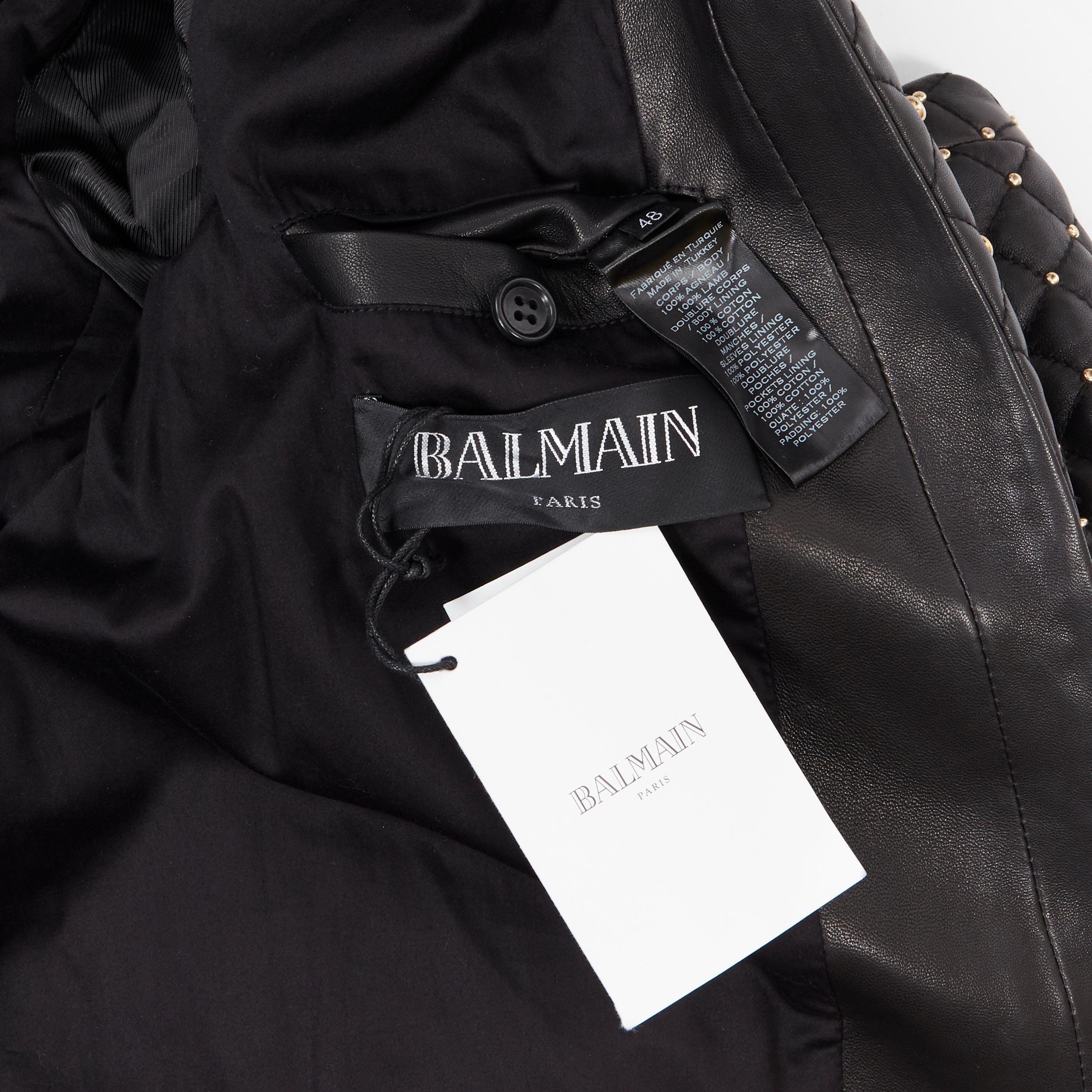 new BALMAIN black lambskin leather gold stud diamond quilted jacket EU48 M 1