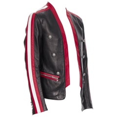 new BALMAIN black lambskin leather red white triming military blazer jacket EU48
