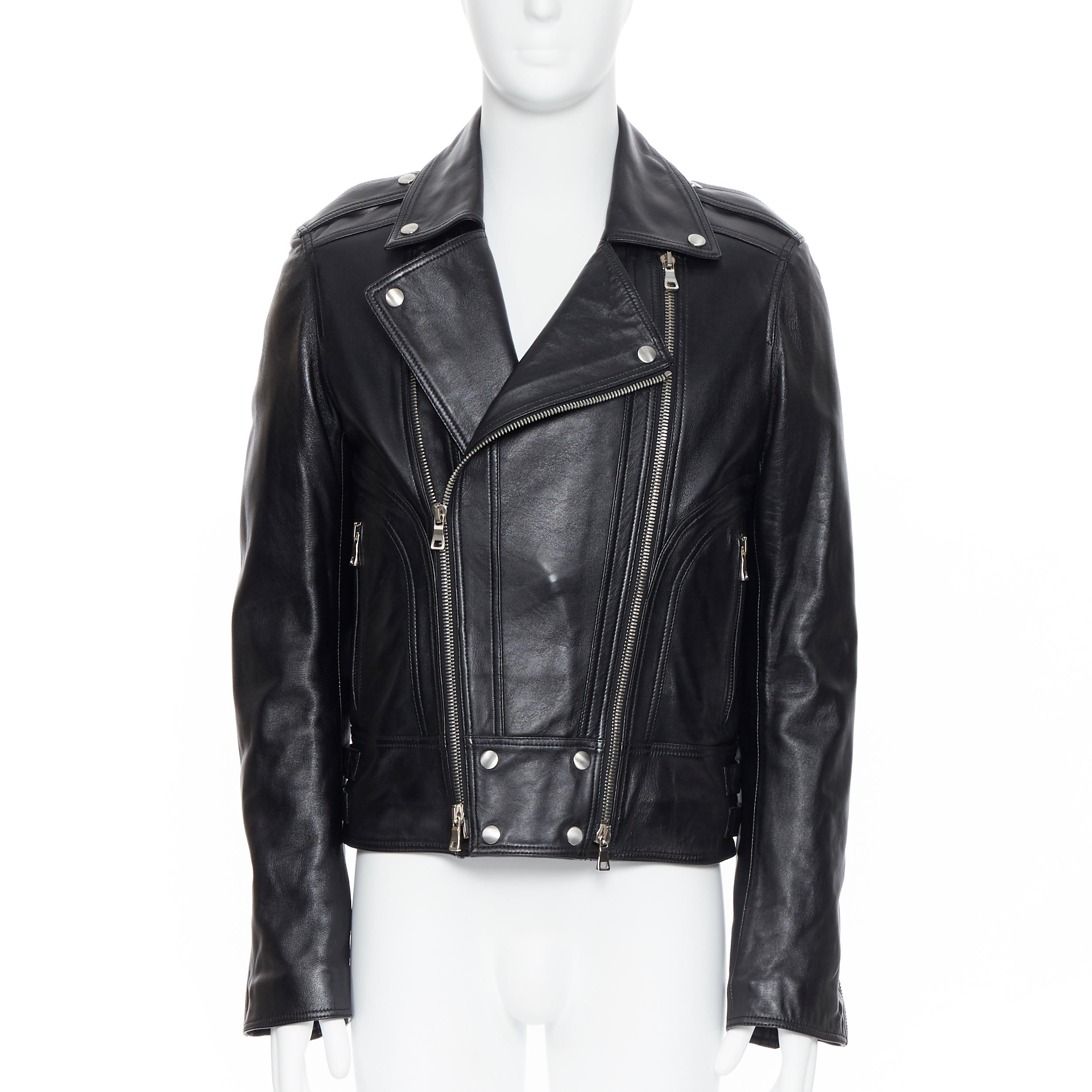 Black new BALMAIN black lambskin padded Perfecto moto biker leather jacket EU48 M