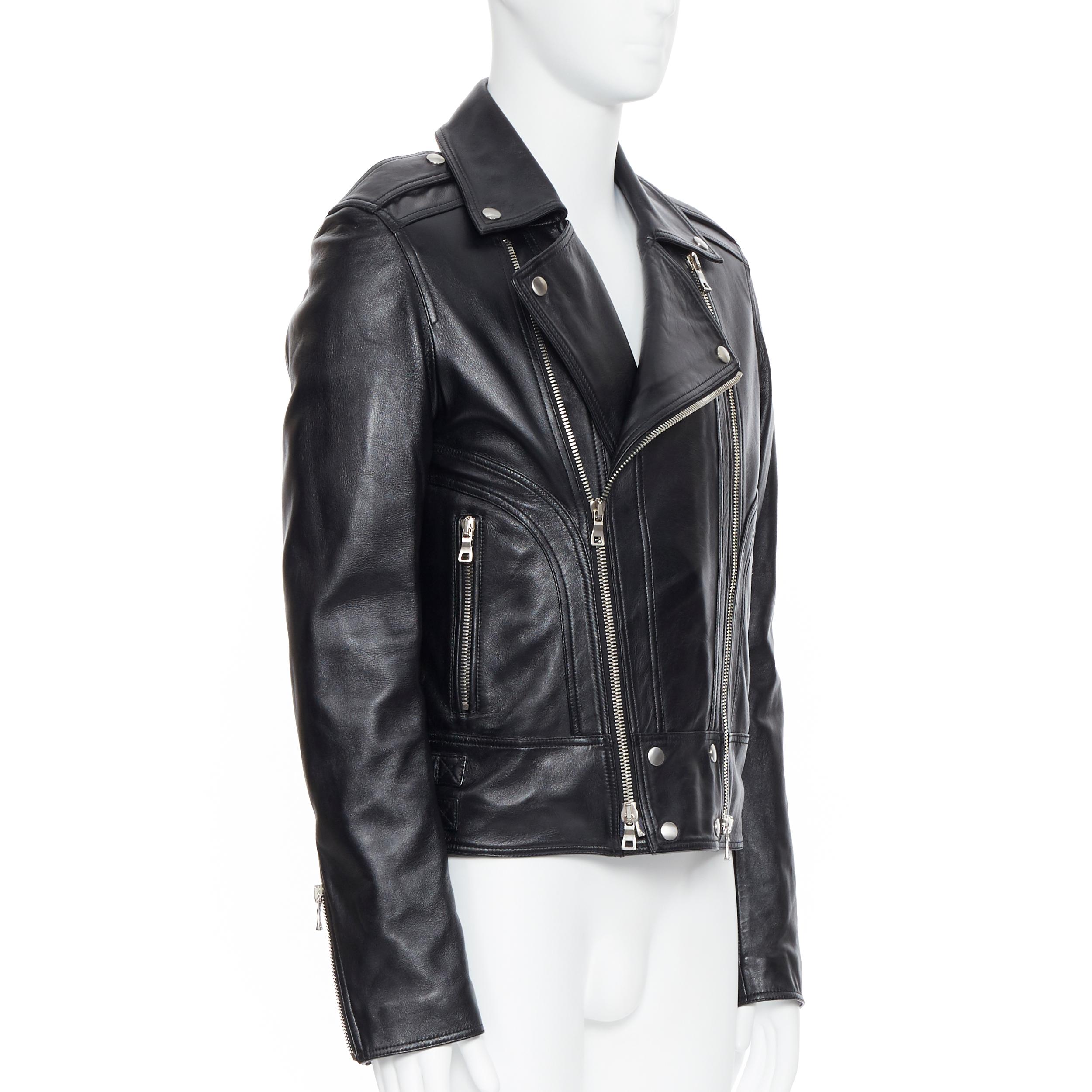 new BALMAIN black lambskin padded Perfecto moto biker leather jacket EU48 M In New Condition In Hong Kong, NT