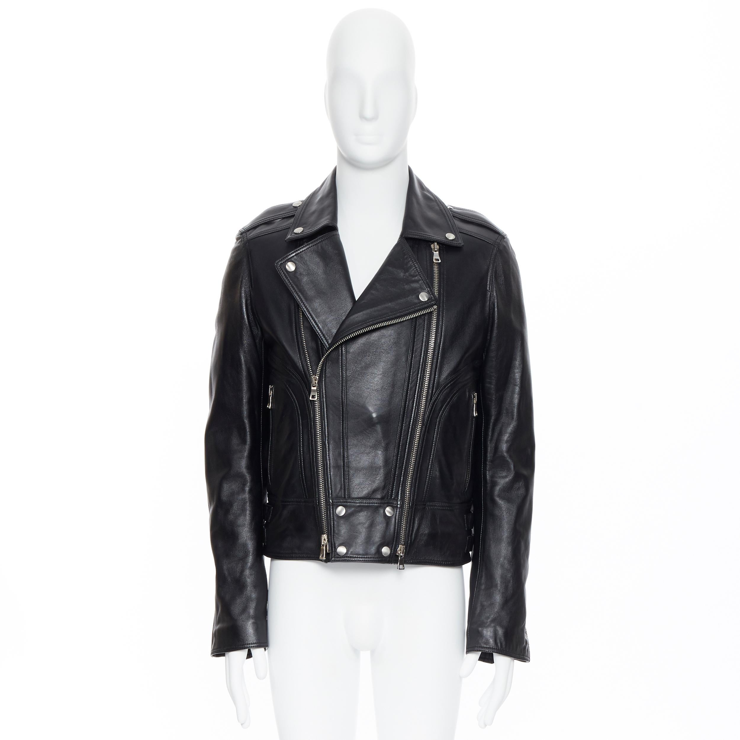 Black new BALMAIN black lambskin padded Perfecto moto biker leather jacket EU50 L