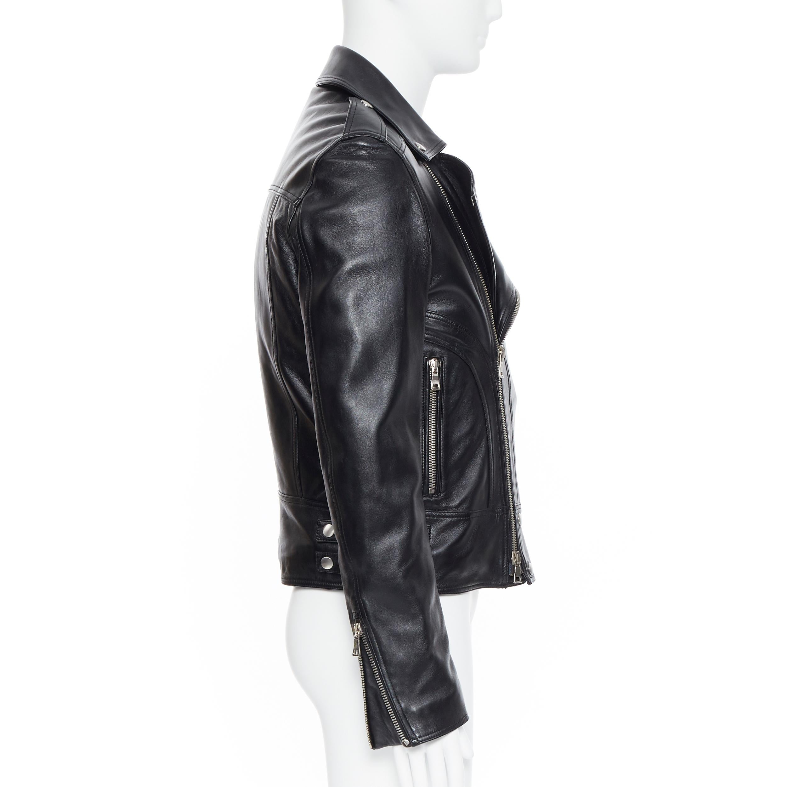 Black new BALMAIN black lambskin padded Perfecto moto biker leather jacket EU50 L For Sale