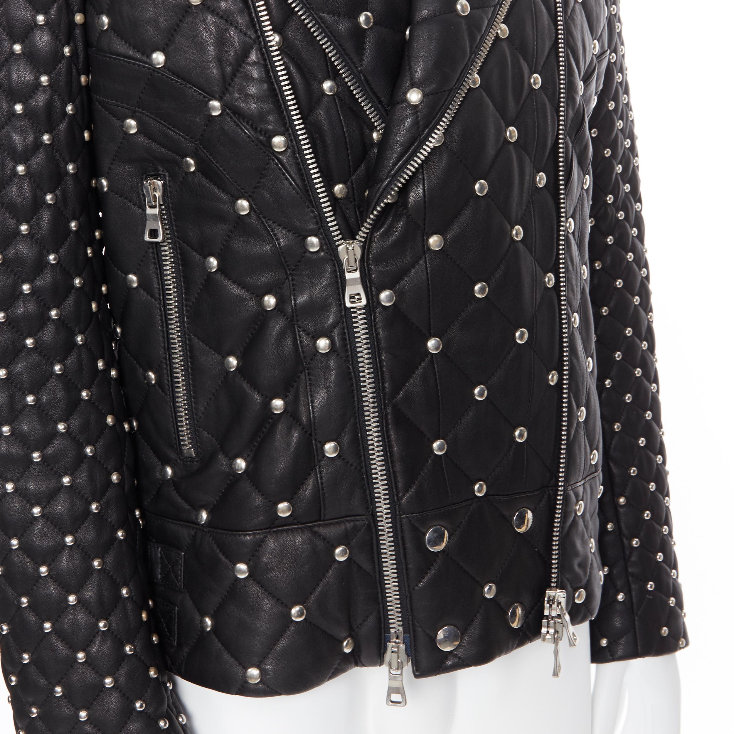 new BALMAIN black lambskin silver studded diamond quilted biker jacket EU48 M 1