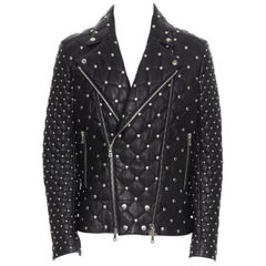 new BALMAIN black lambskin silver studded diamond quilted biker jacket EU50 L