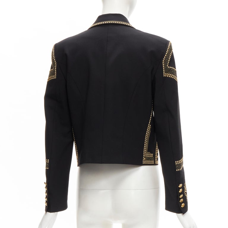 new BALMAIN black micro gold stud embellished peak lapel cropped