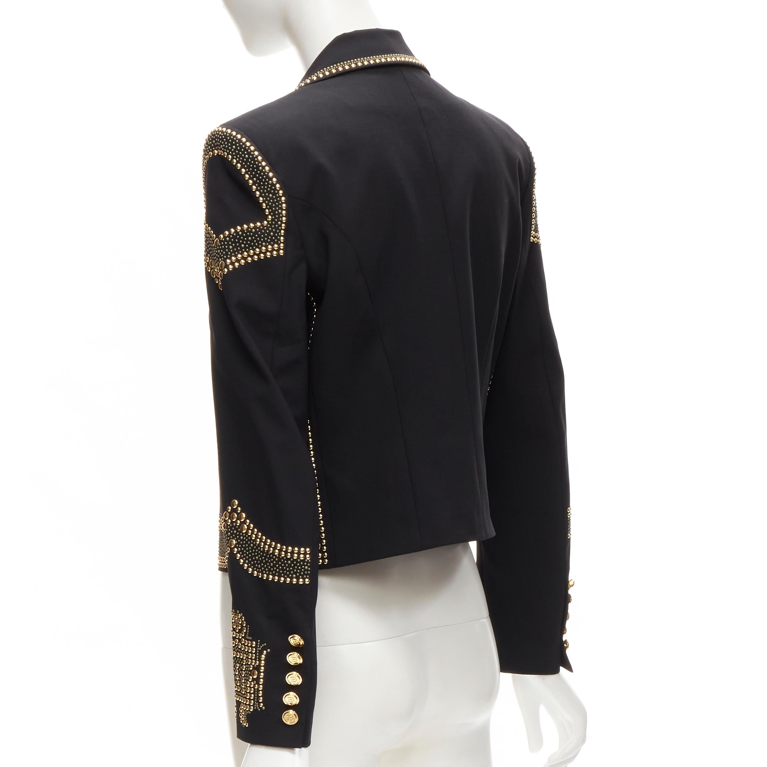 new BALMAIN black micro gold stud embellished peak lapel cropped blazer 16A XS In New Condition In Hong Kong, NT