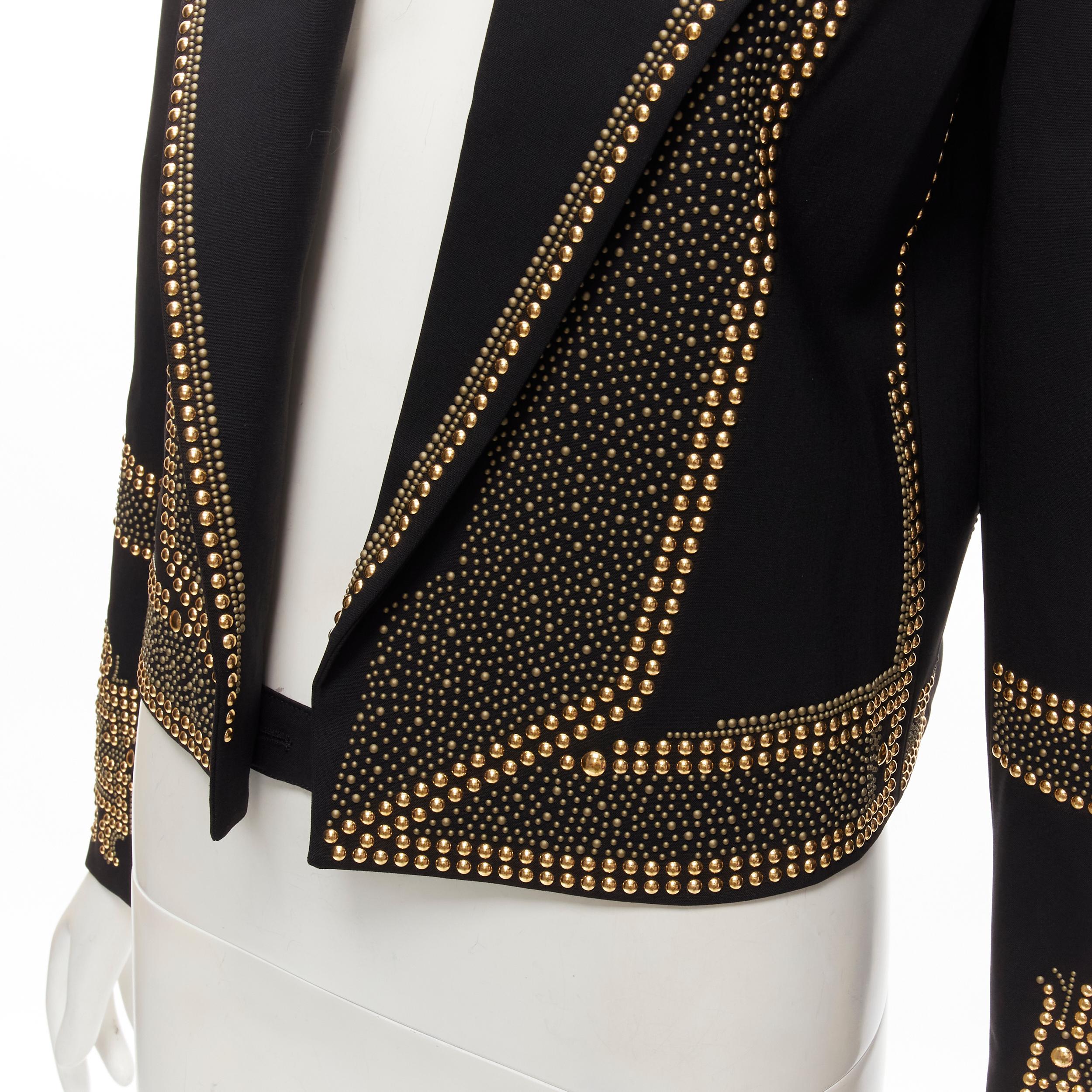 Women's new BALMAIN black micro gold stud embellished peak lapel cropped blazer 16A XS