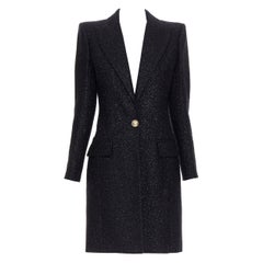 new BALMAIN black shimmer metallic tweed gold logo button military coat FR36 S