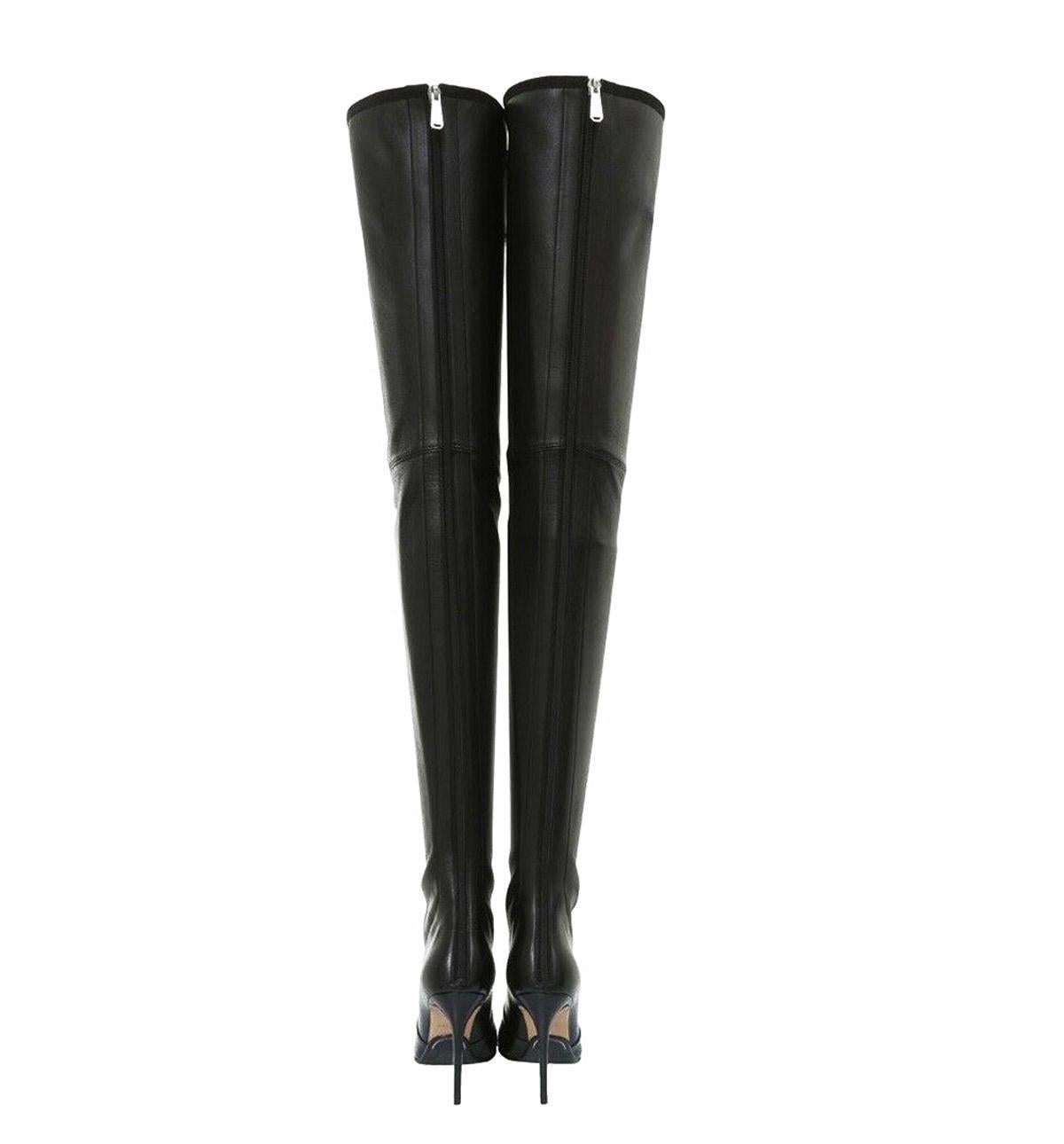 New Balmain Black Stretch Leather Over-the-Knee Thigh-High Boots
Designer sizes available -  36, 37, 37.5, 38, 38.5 - US sizes 6, 7, 7.5, 8, 8.5
Soft Stretch Leather, 100% Lambskin, Back Zip Closure, Pointed Toe-Line.
Measurements approx.: Total