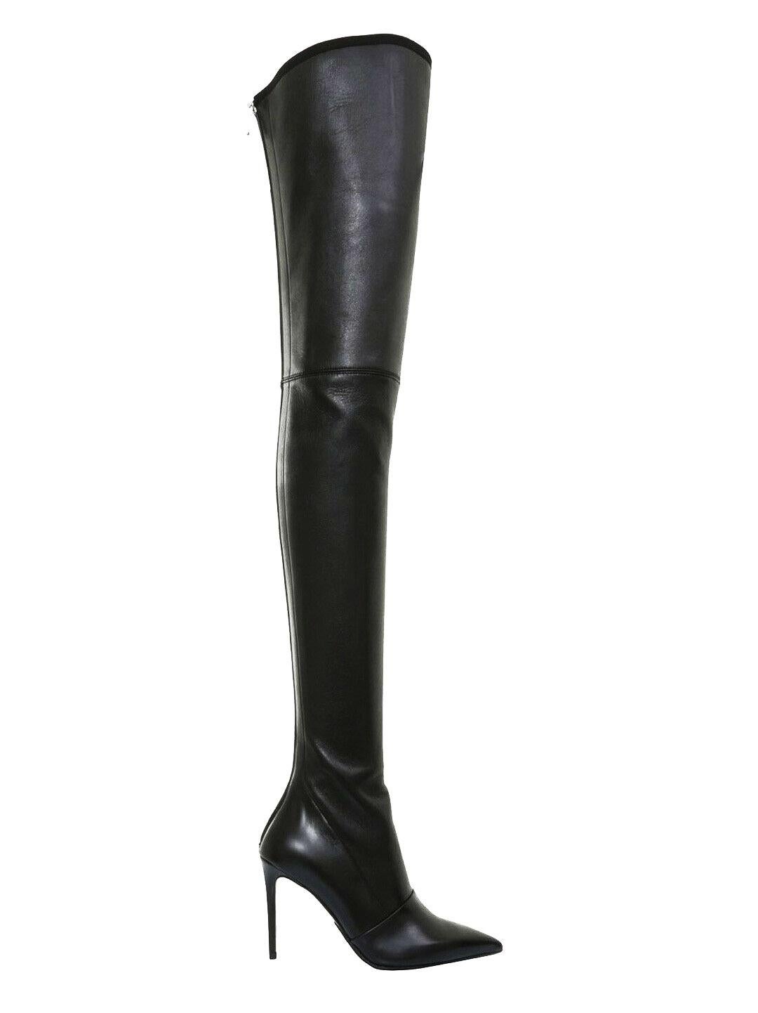 New Balmain Black Stretch Leather Thigh High Stiletto Heel Boots 6 7 7. ...