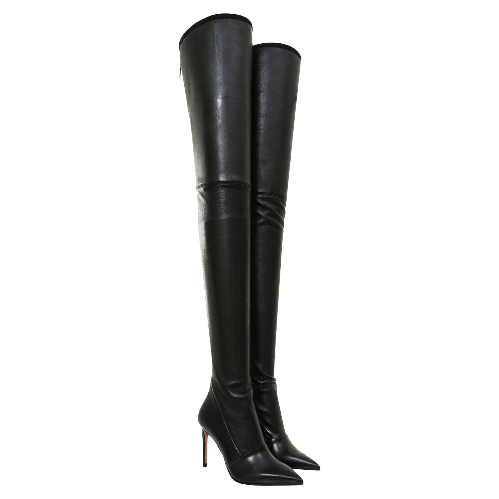 New Balmain Black Stretch Leather Thigh High Stiletto Heel Boots 6 7 7.5 8 8.5 