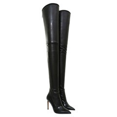 New Balmain Black Stretch Leather Thigh High Stiletto Heel Boots 36 37 37.5 38 