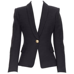 new BALMAIN black textured cotton gold button shawl collar blazer jacket FR36 S