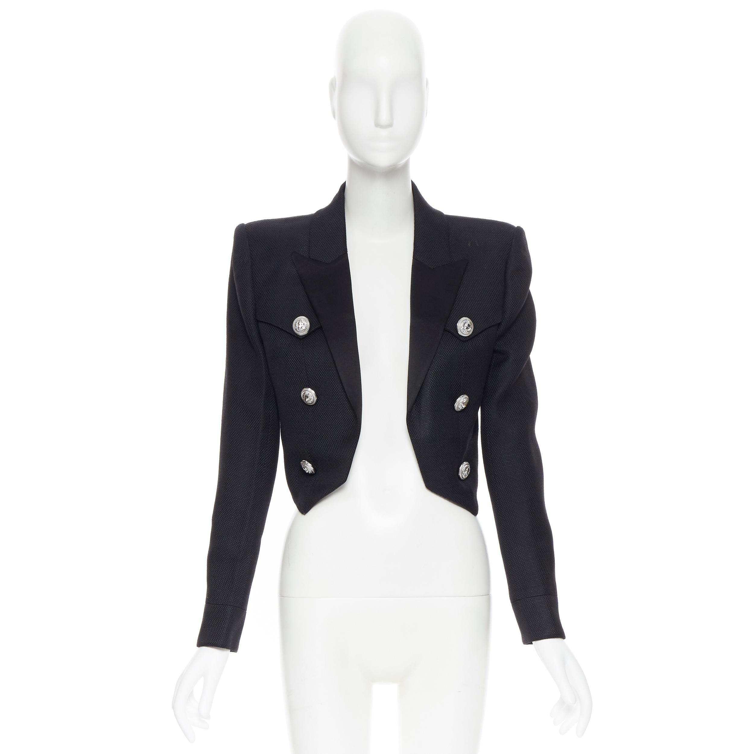 new BALMAIN black textured silver double breasted cropped blazer 