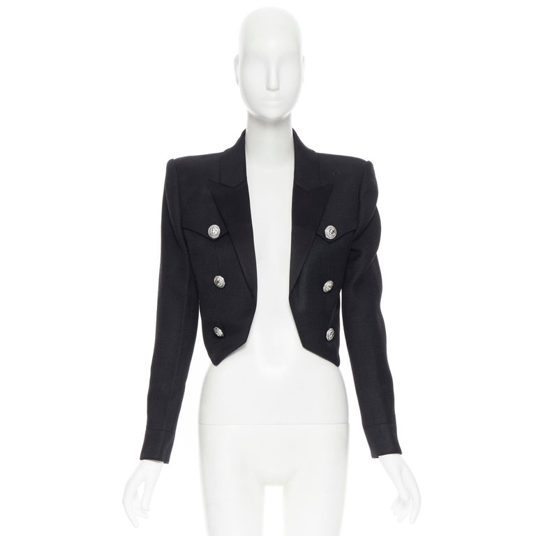 new BALMAIN black textured silver double breasted cropped blazer jacket FR38 S For at 1stDibs | balmain cropped blazer
