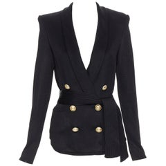 new BALMAIN black viscose knitted gold double breasted belted jacket FR36 S