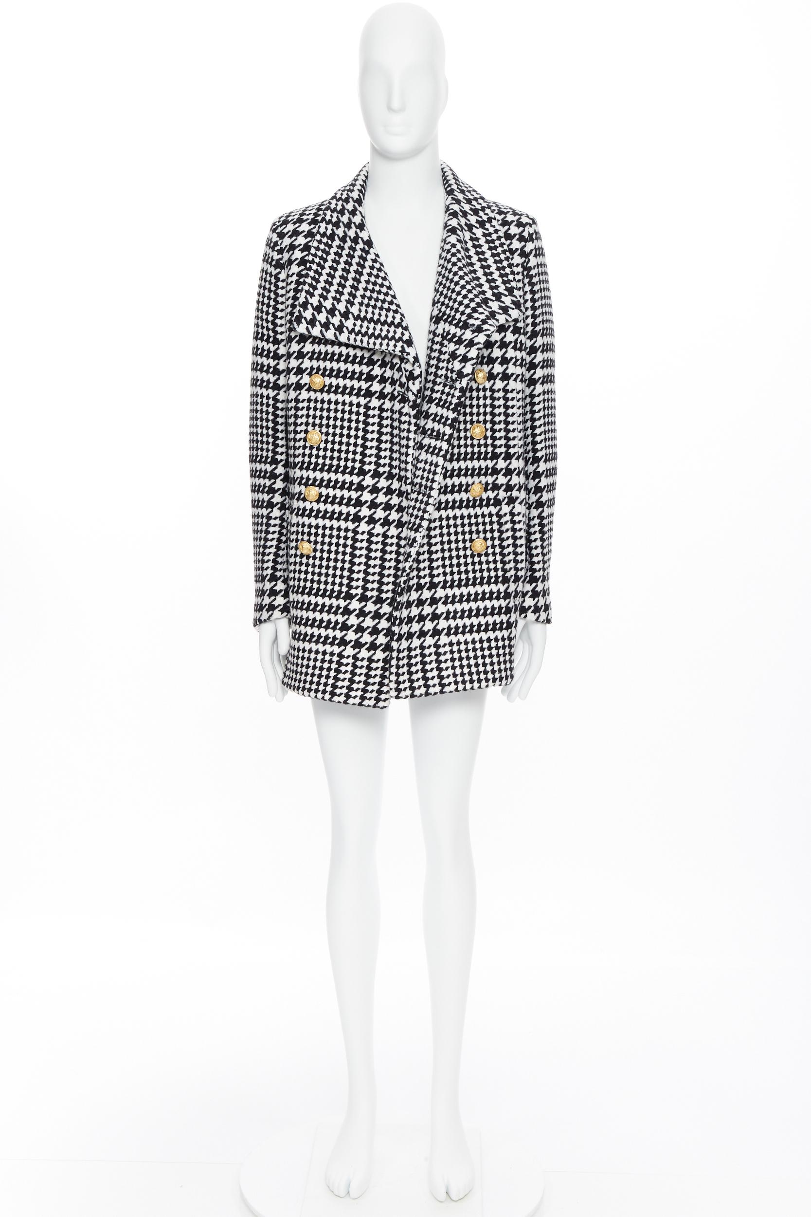 Gray new BALMAIN black white houndstooth gold double breasted military wool coat EU48