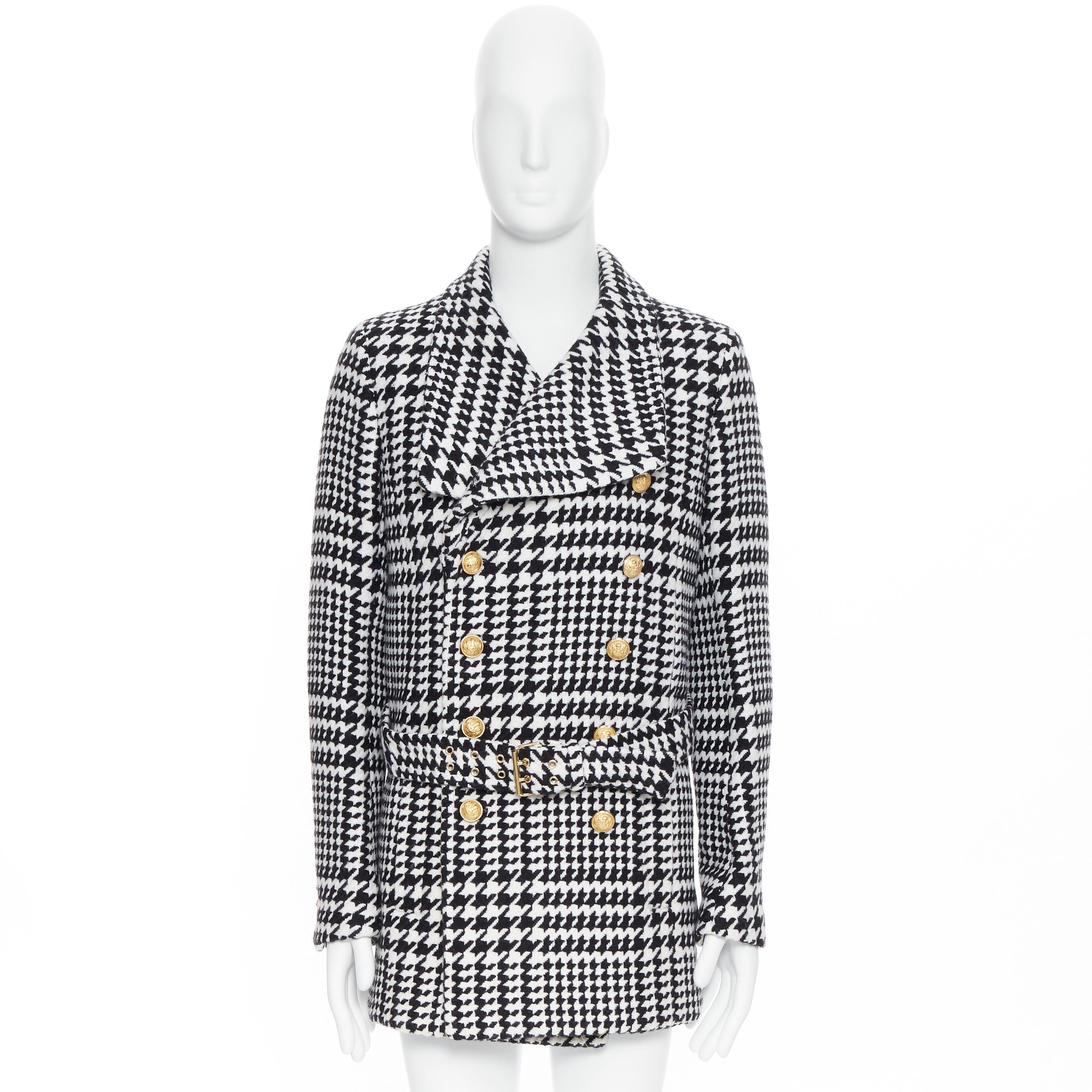 new BALMAIN black white houndstooth gold double breasted military wool coat EU48 In New Condition In Hong Kong, NT