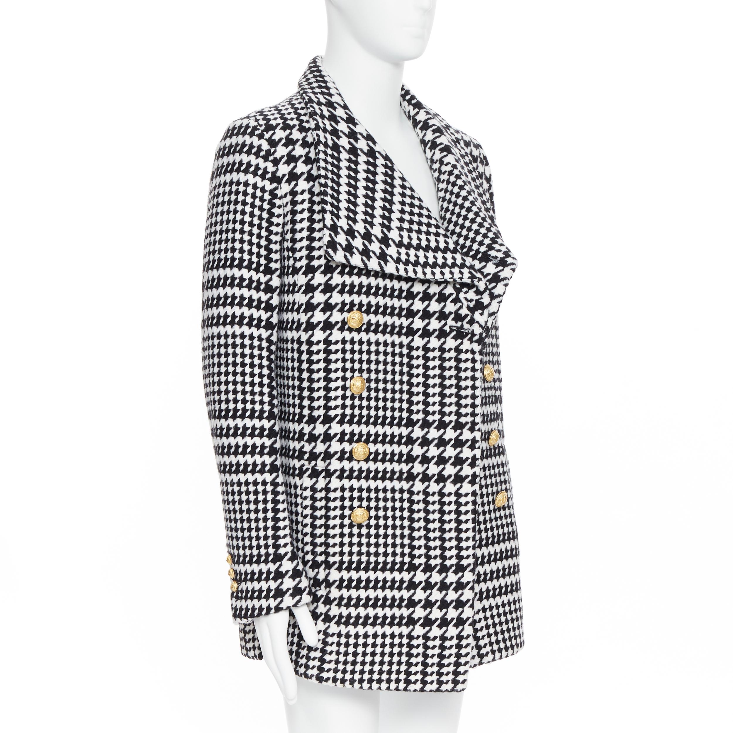 Men's new BALMAIN black white houndstooth gold double breasted military wool coat EU48