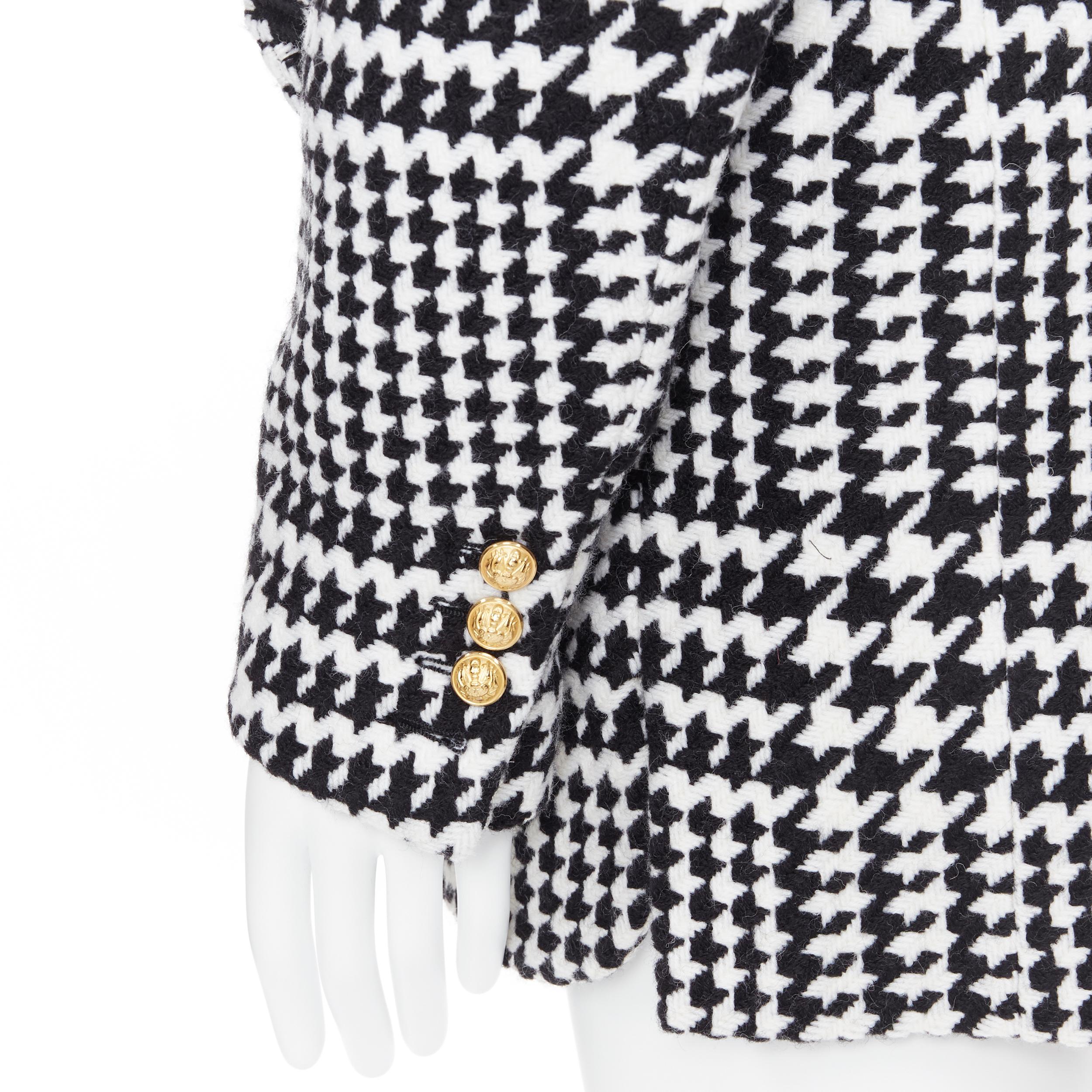 new BALMAIN black white houndstooth gold double breasted military wool coat M 2