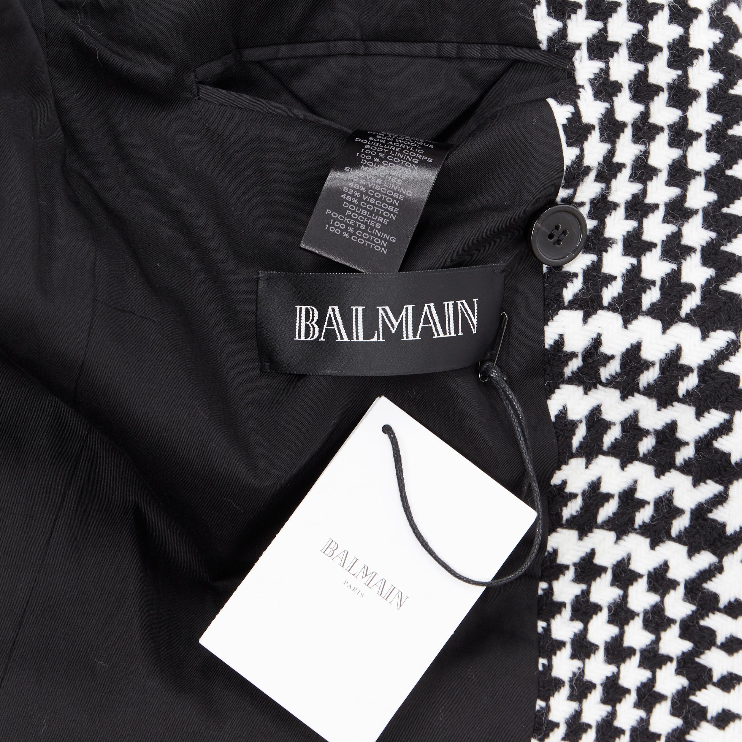 new BALMAIN black white houndstooth gold double breasted military wool coat M 3