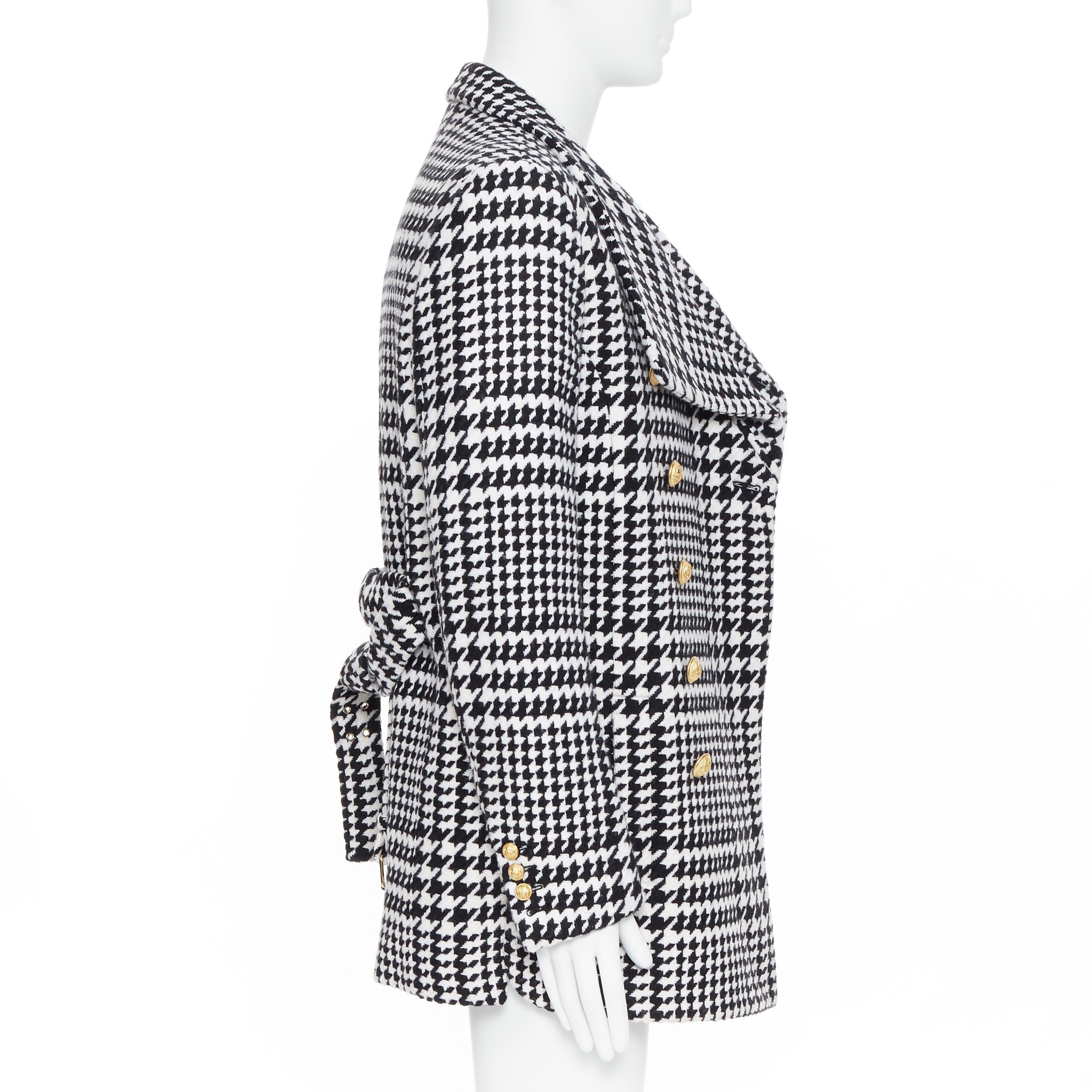 Gray new BALMAIN black white houndstooth gold double breasted military wool coat M
