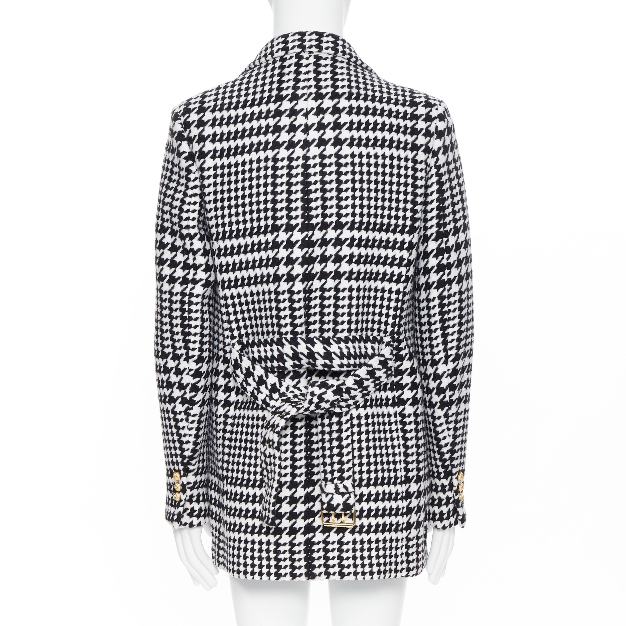 new BALMAIN black white houndstooth gold double breasted military wool coat M In New Condition In Hong Kong, NT