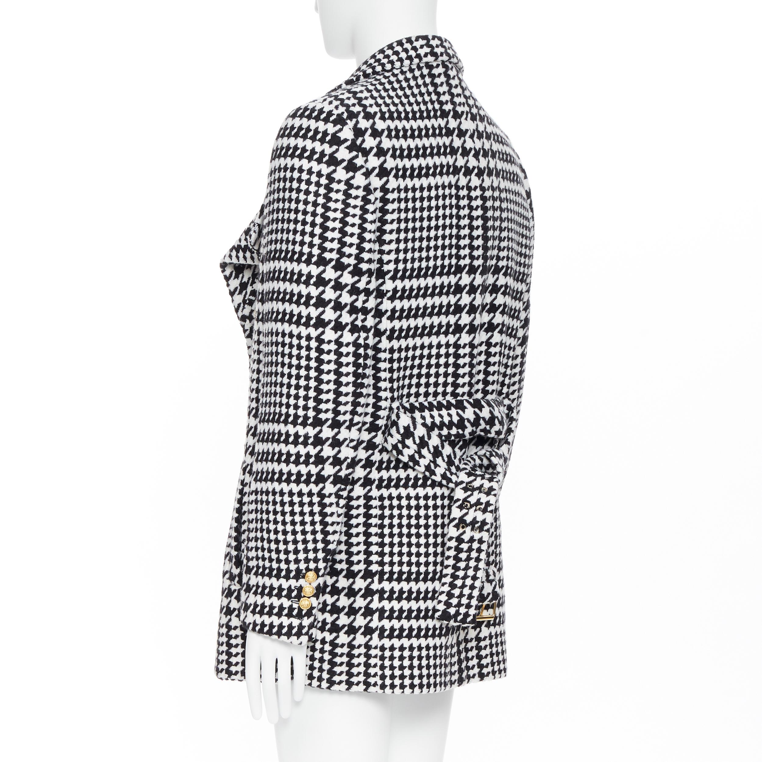 Men's new BALMAIN black white houndstooth gold double breasted military wool coat M