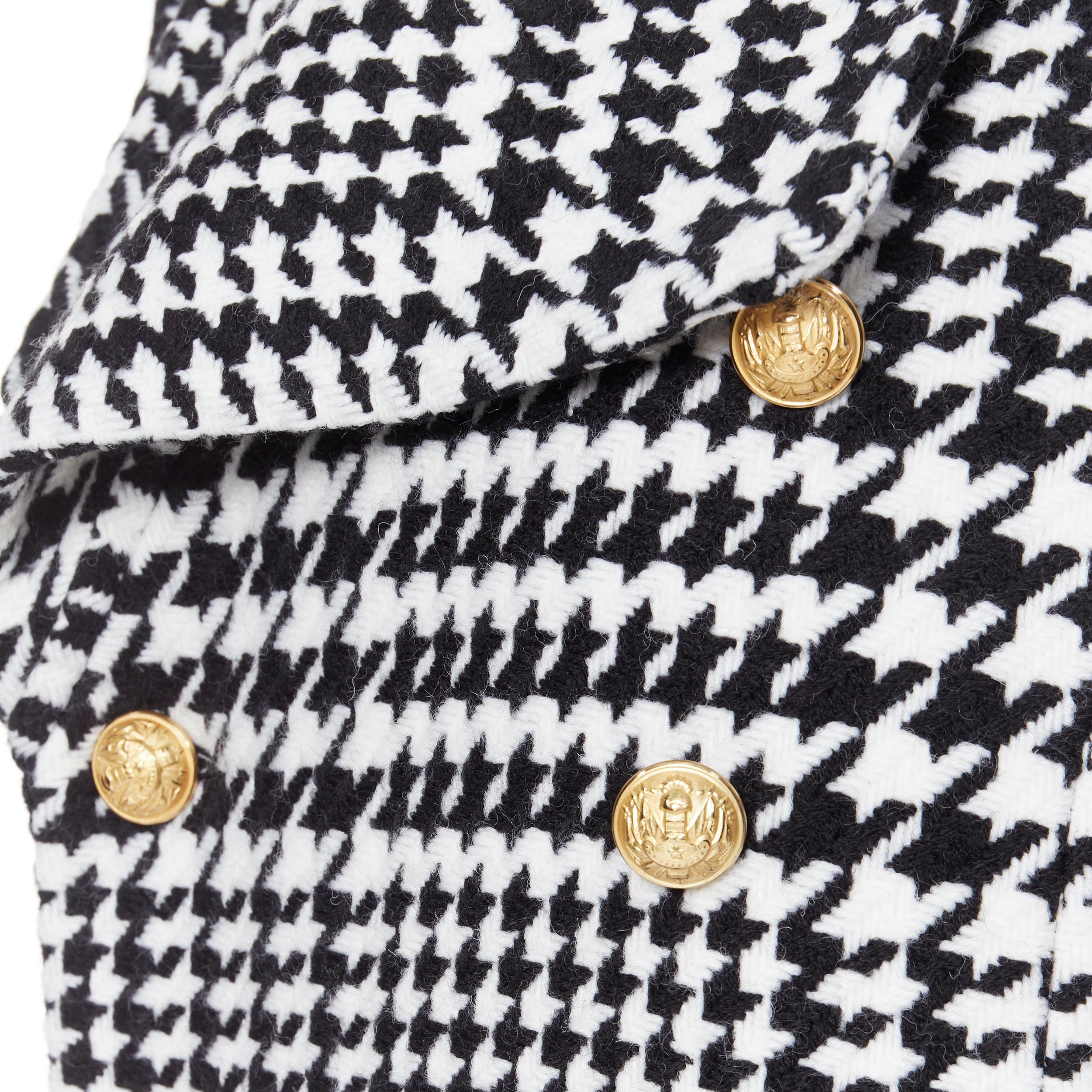 new BALMAIN black white houndstooth gold double breasted military wool coat M 1