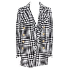 new BALMAIN black white houndstooth gold double breasted military wool coat M