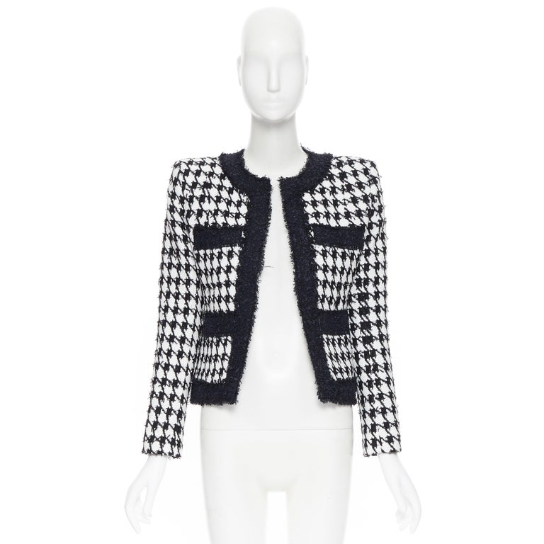 new BALMAIN black houndstooth tweed 4 pocket padded cropped jacket at 1stDibs | black white jacket, black and white tweed jacket, balmain tweed jacket