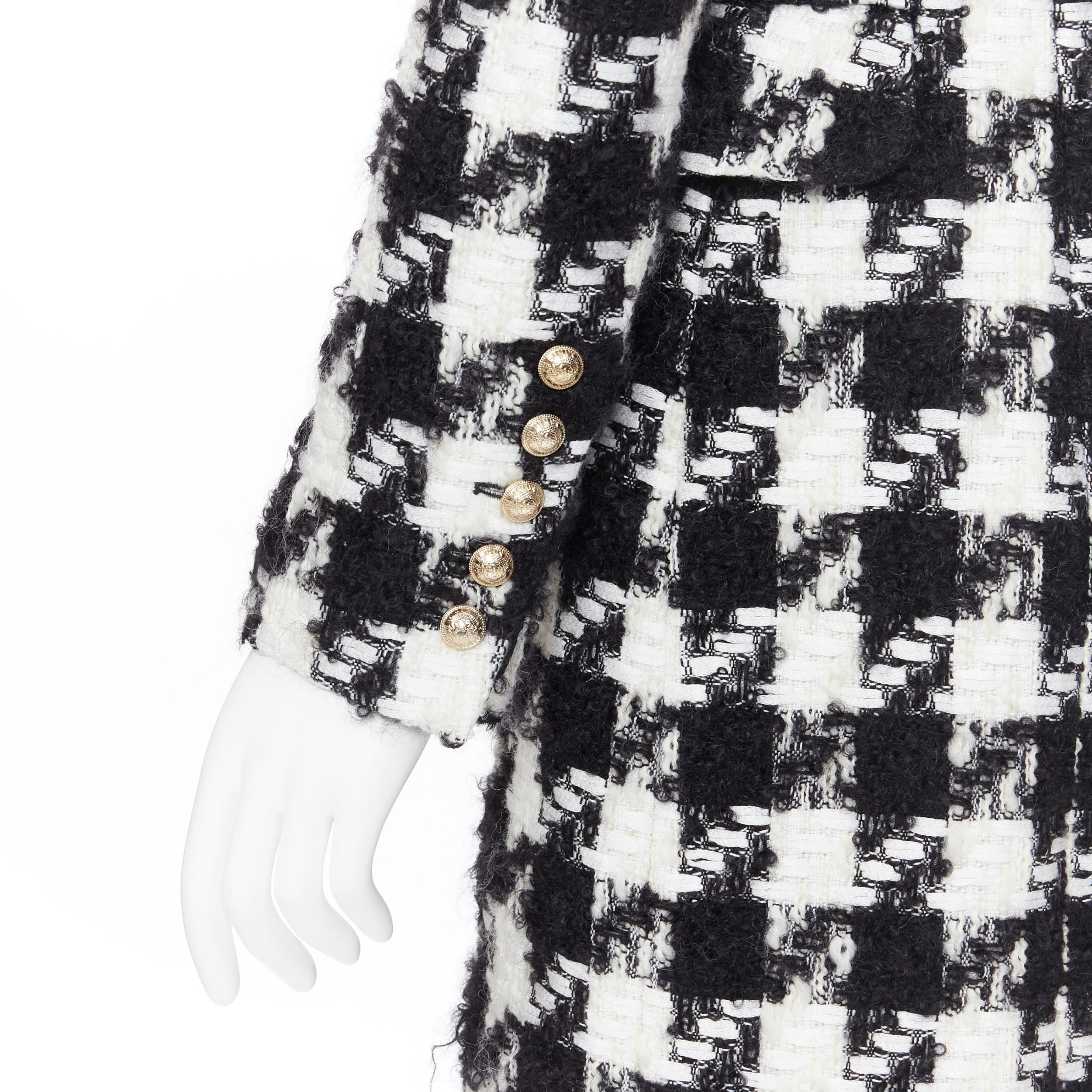 new BALMAIN black white houndstooth tweed double breasted military coat FR34 XS 2